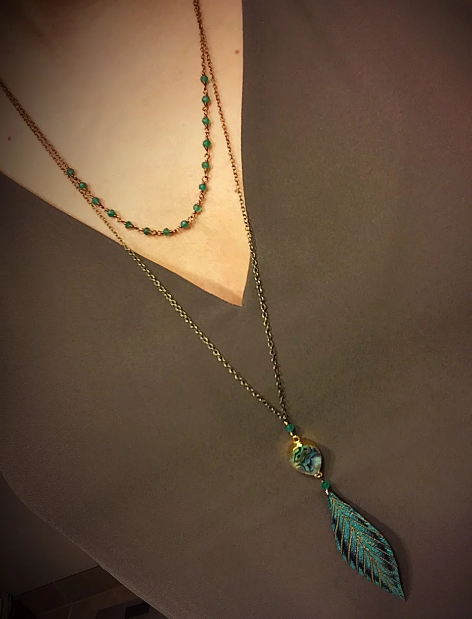 Abalone and Green Onyx Two-Layer Leather Feather Necklace