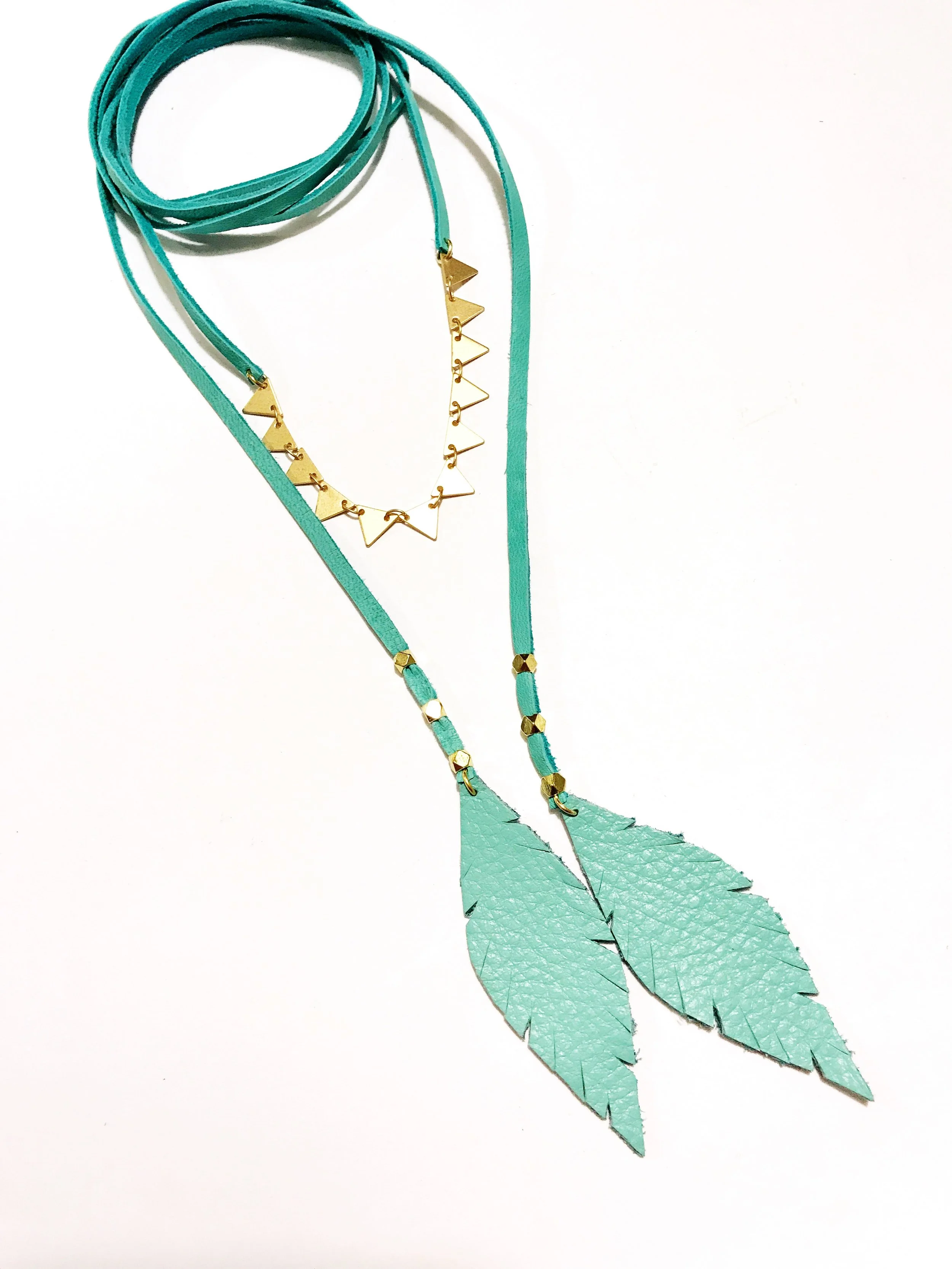 Teal Leather Bolo Wrap with Matte Gold Triangles