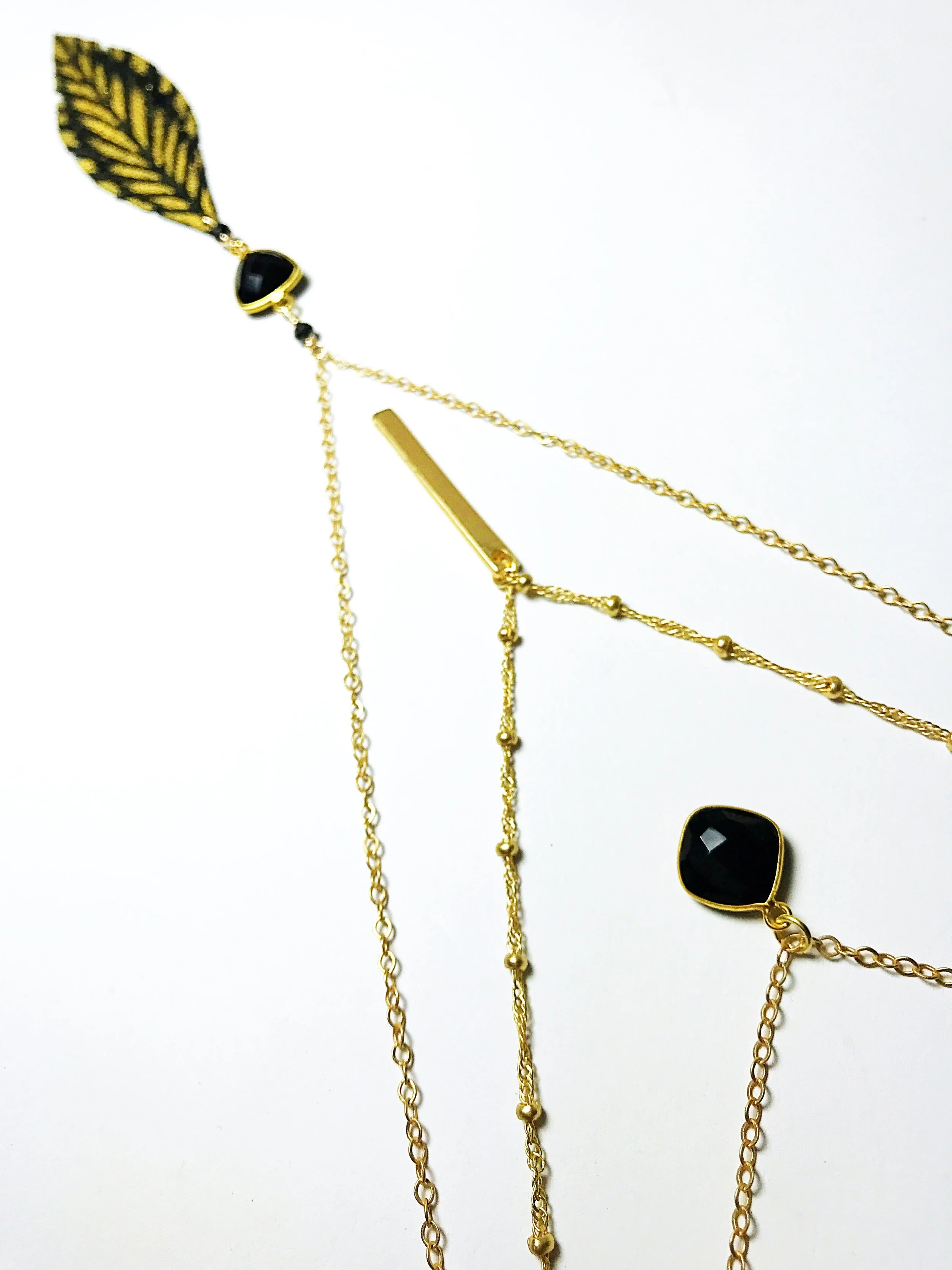 Onyx Layered Leather Feather Necklace Matte Gold