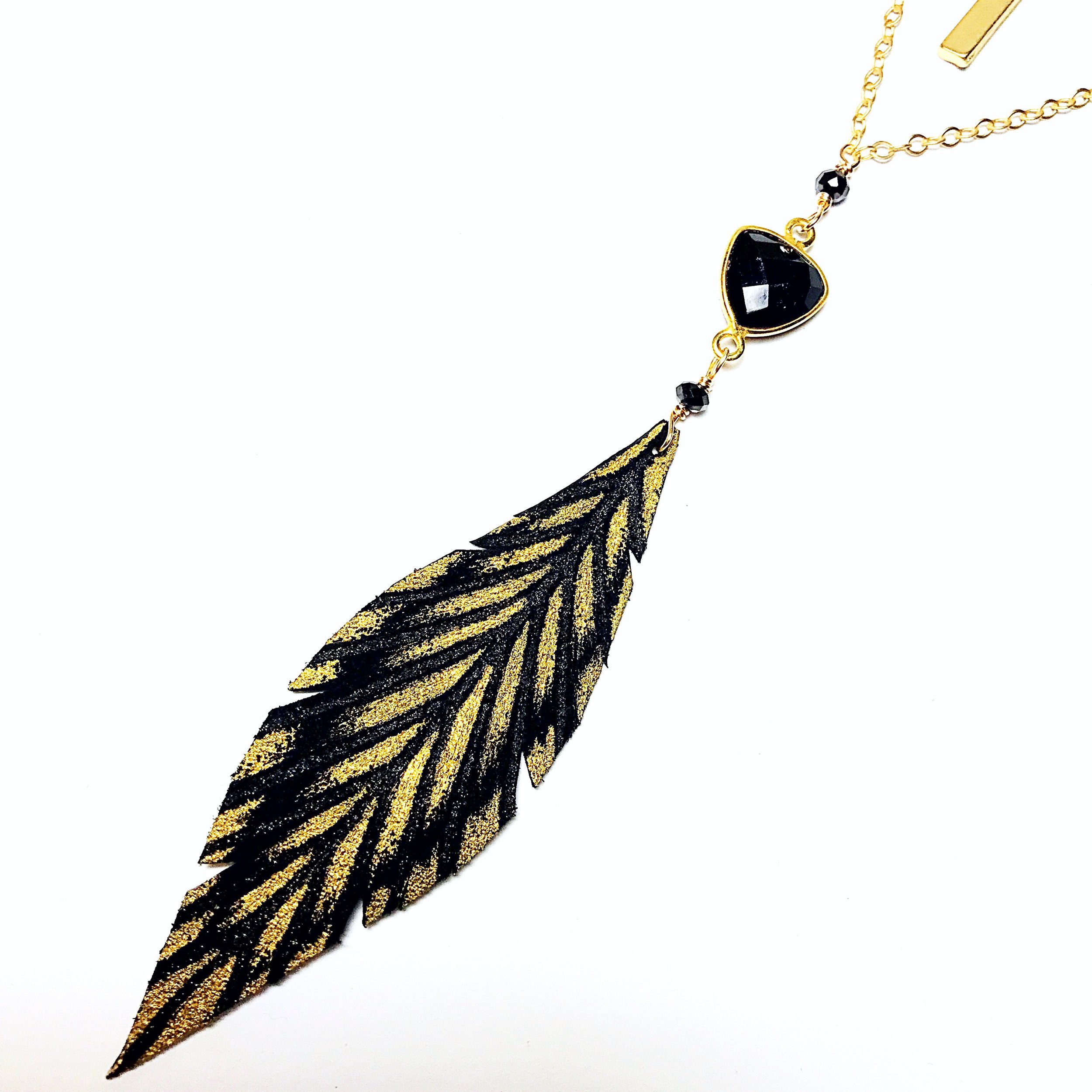 Onyx Layered Leather Feather Necklace Matte Gold