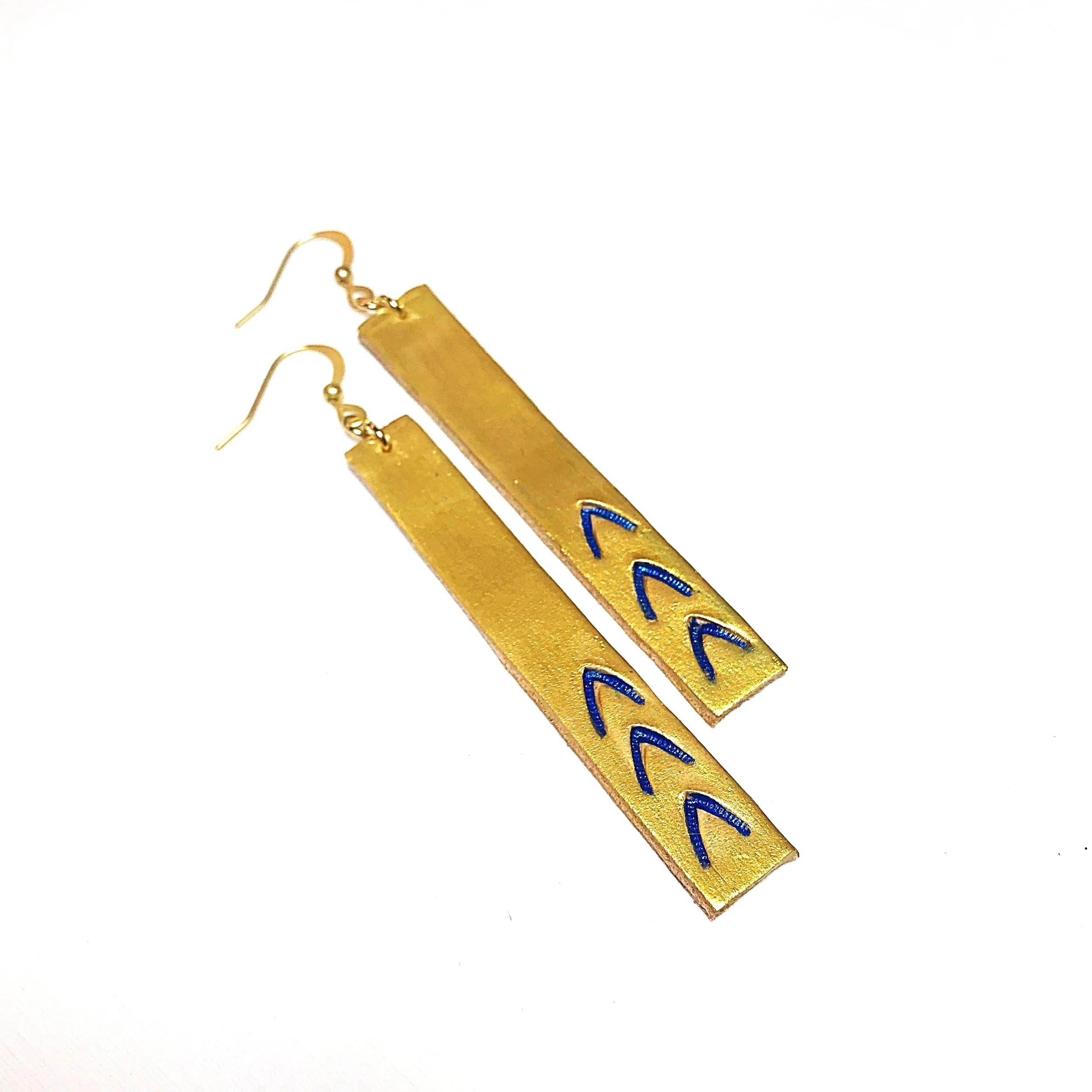 Blue/Gold Down Syndrome Awareness Leather Feather Stick Earrings