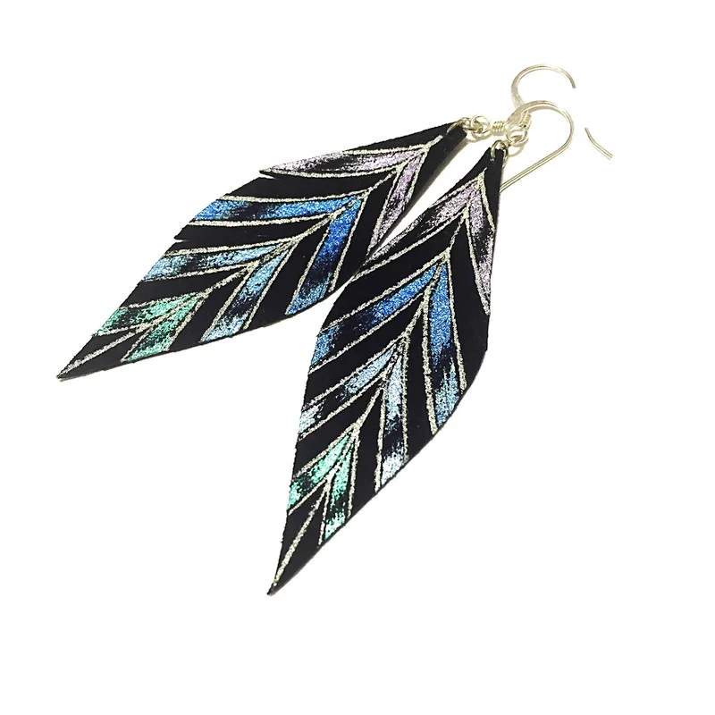 Original "GABRIELLA" Leather Feather Earrings in Peacock