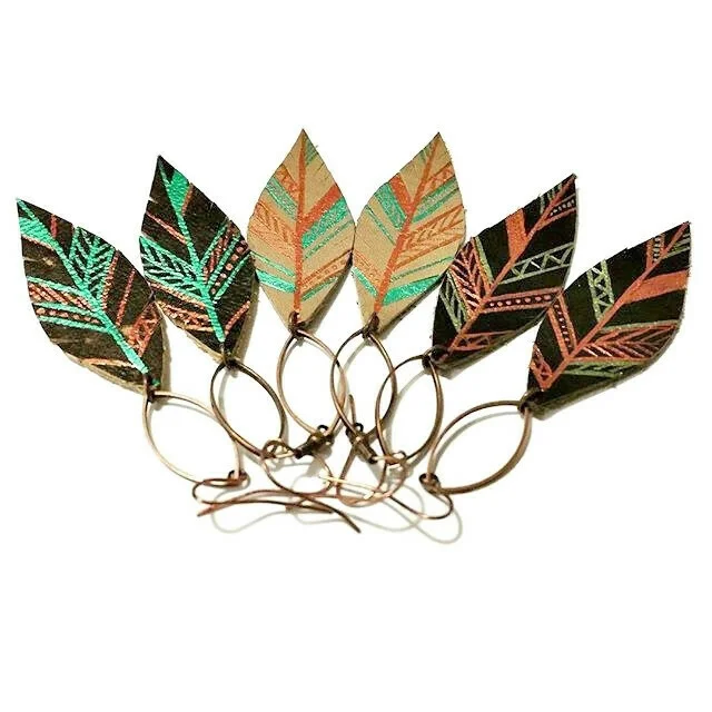 X-Small "MAYA" Aztec Leather Feather Earrings