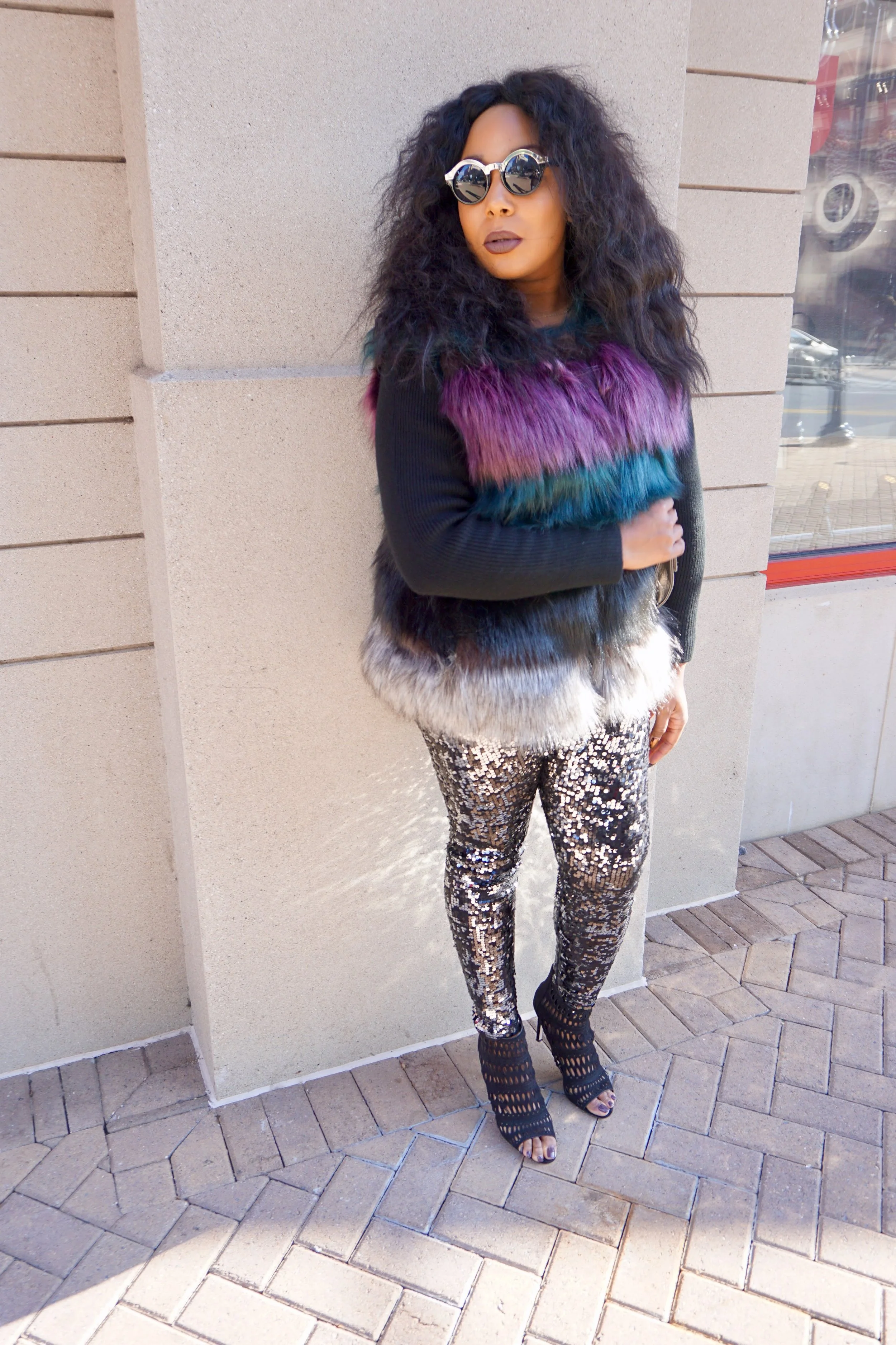 Sequin Legging & A Colorful Faux Fur Vest