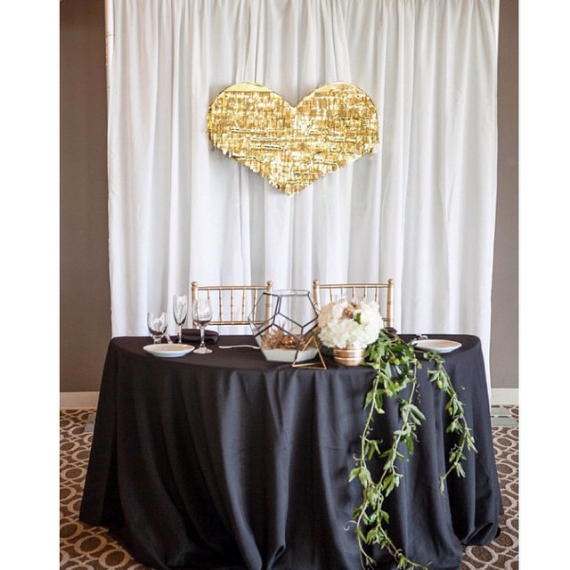 Sample sweetheart table with the coolest gold fringe heart pi&ntilde;ata backdrop. #slaytheday_ photo credit: @kristinaleephotography @pixiespetals @glowconceptsfinelinens @losverdesweddings /3-31-15
