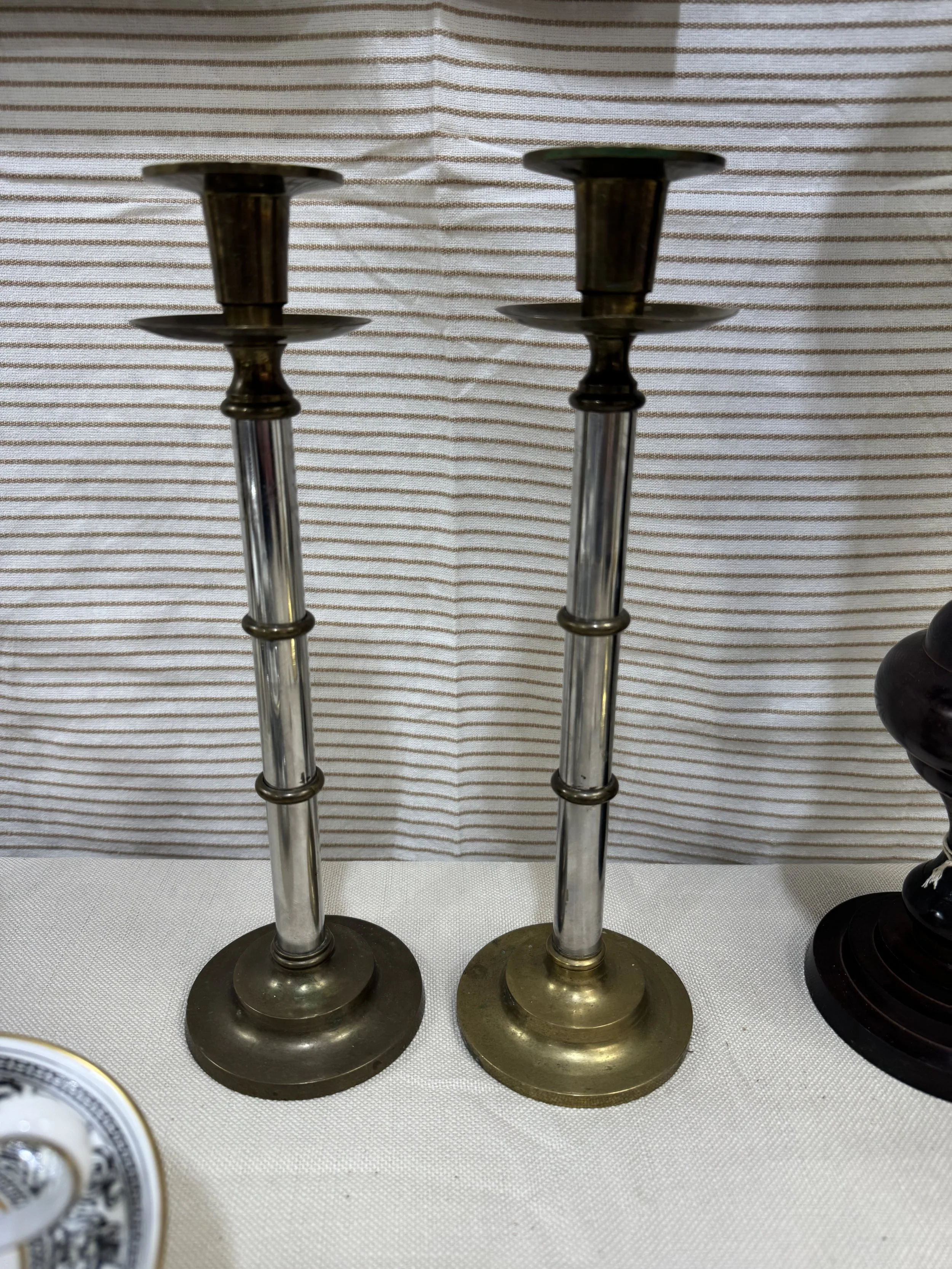 Vintage 1980s Maitland Smith Chrome and Brass Pillar Candlesticks (Set of 2)