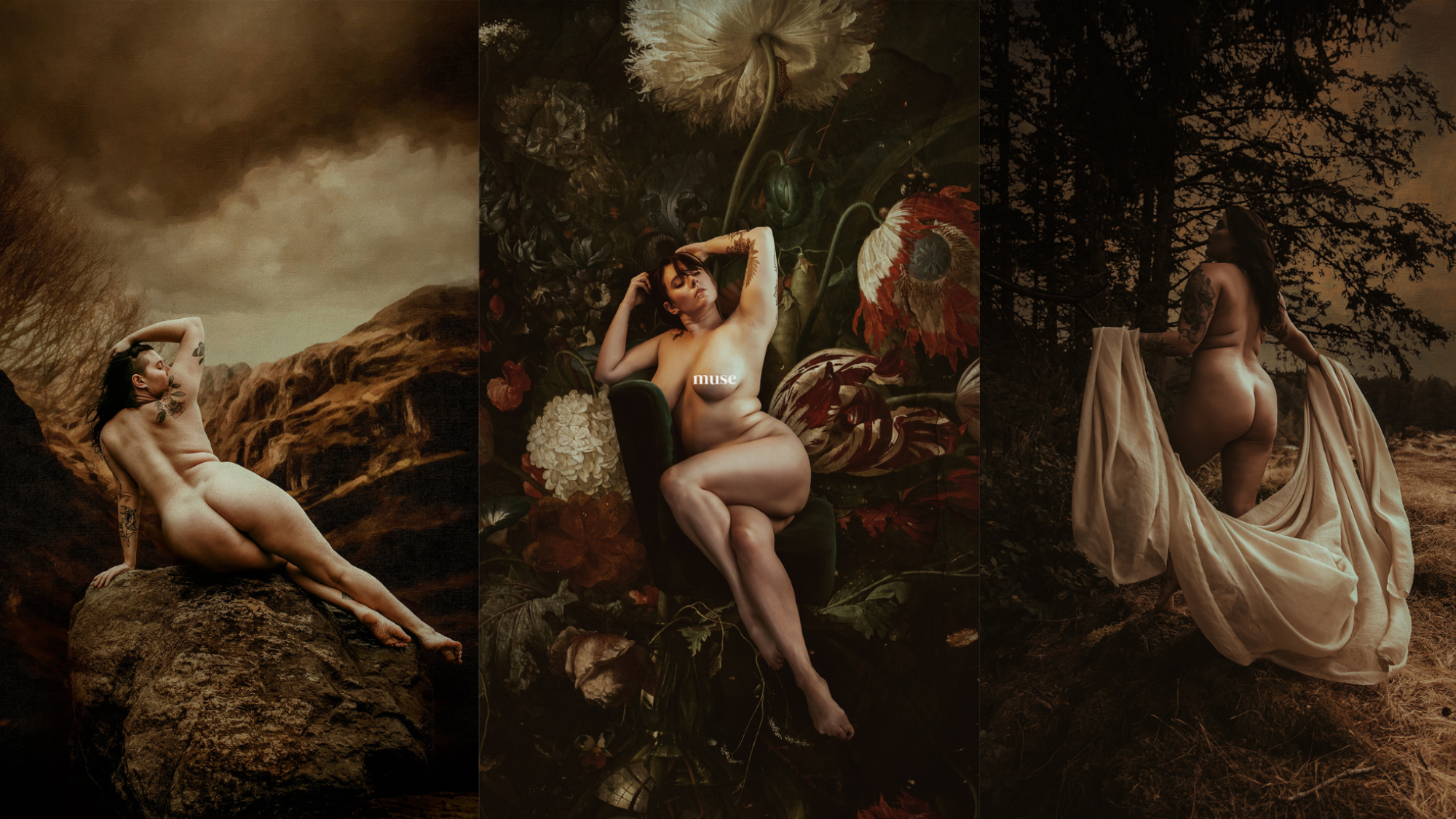 Three images of a nude woman in natural and artistic settings, exploring themes of nature, art, and muse.