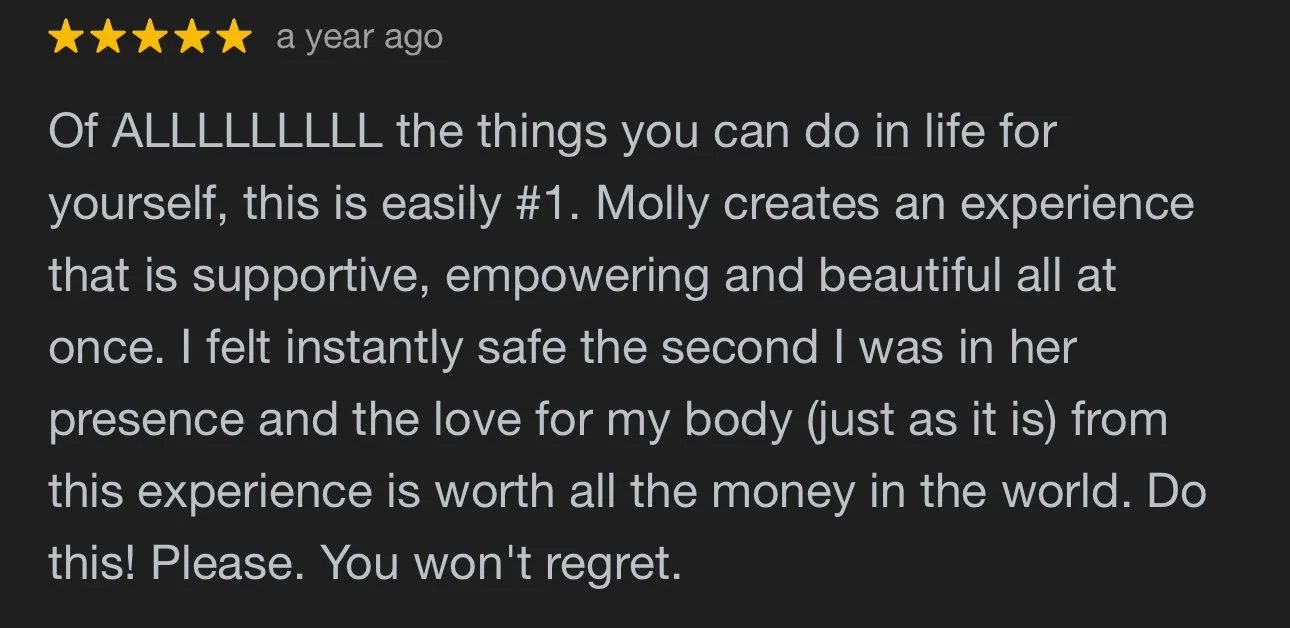 Screenshot of a five-star review with the title 'a year ago' and the content praising a supportive, empowering, and beautiful experience created by Molly.