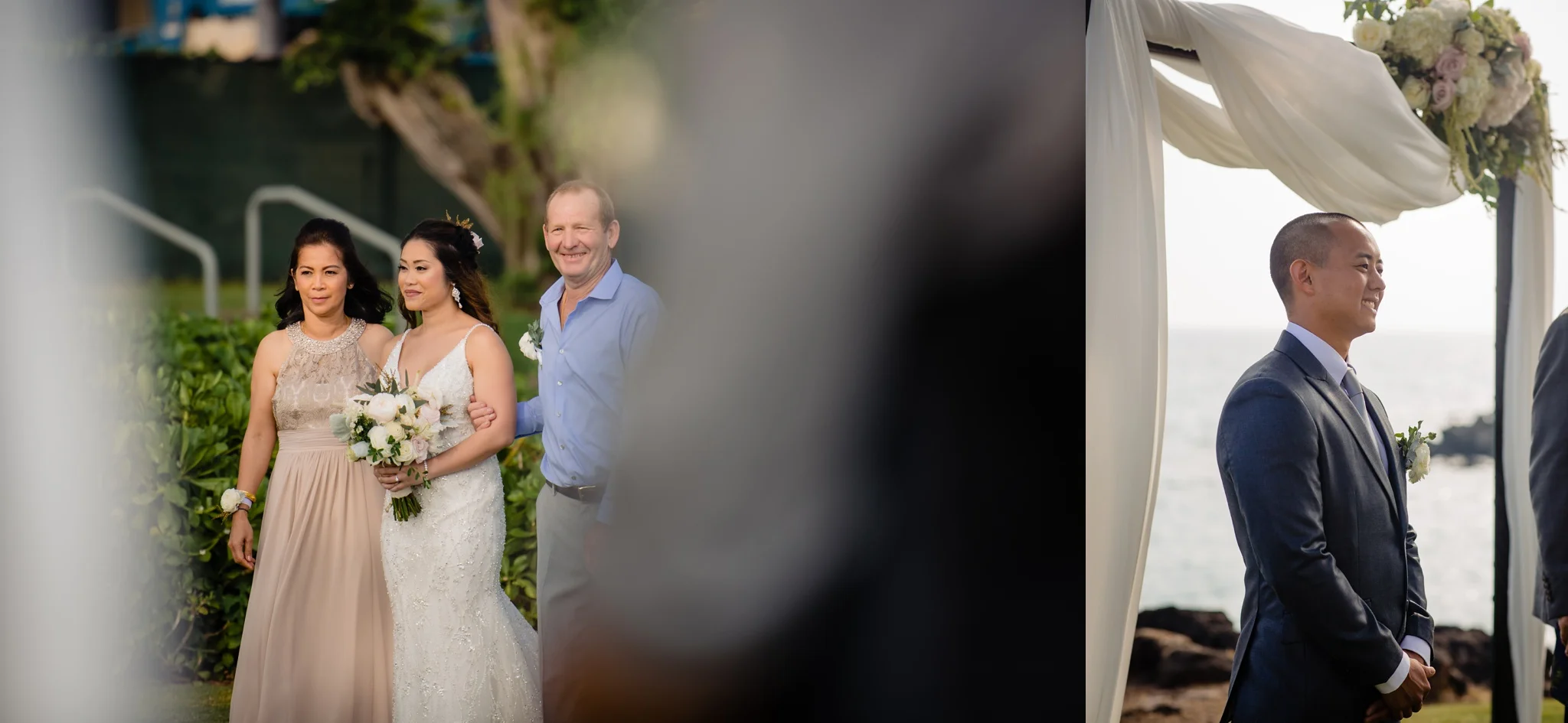 bride walking down and groom looking on