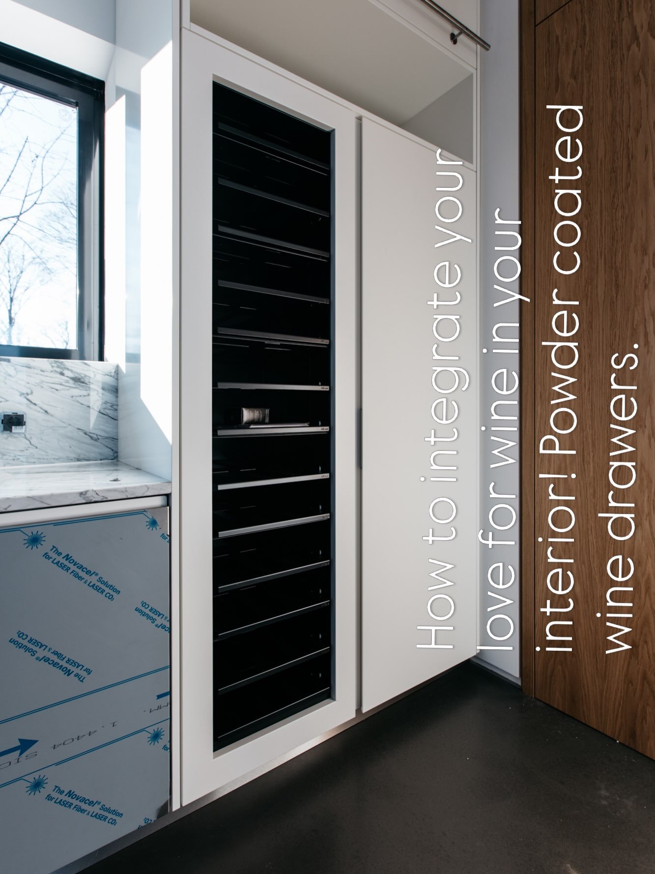 If you are planning your new kitchen- think about your wine storage. If you have the possibility add a wine fridge, or maybe you have a wine cellar but always want to have some bottles handy?! In this case we have added some metal drawers with cut ou