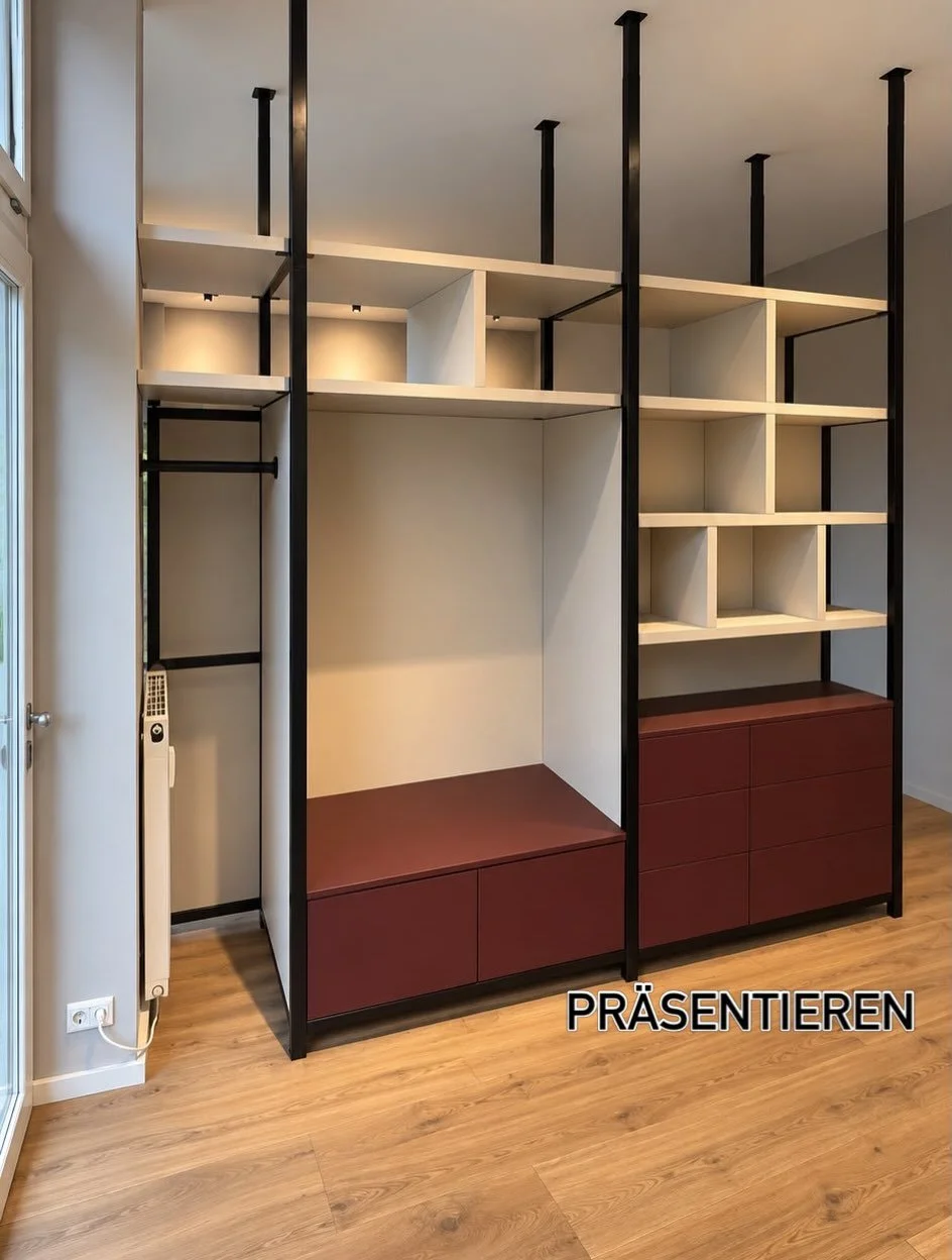 The challenge was to divide this little office space into two separate working areas. The open space has to allow to have a client meeting while on the other side regular office life has to happen. Storage, a wardrobe and acoustical measures had to b