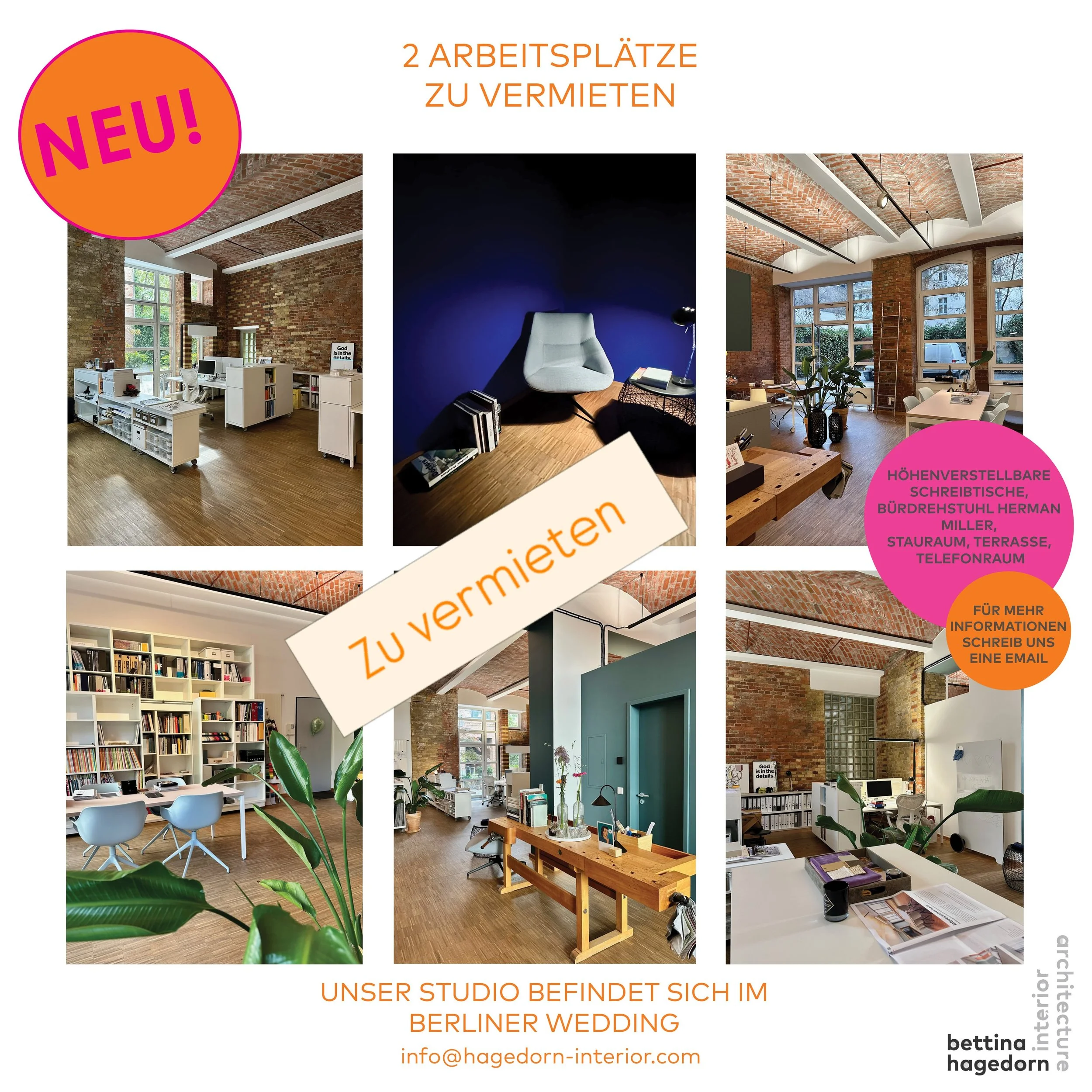 ✨ Platz f&uuml;r Kreative gesucht! ✨

In unserem Innenarchitekturstudio sind ab sofort zwei hochwertige Arbeitspl&auml;tze zu vermieten, und wir freuen uns auf neue Gesichter!

Das erwartet dich:
🖥️ H&ouml;henverstellbare Schreibtische
🪑 Ergonomisc