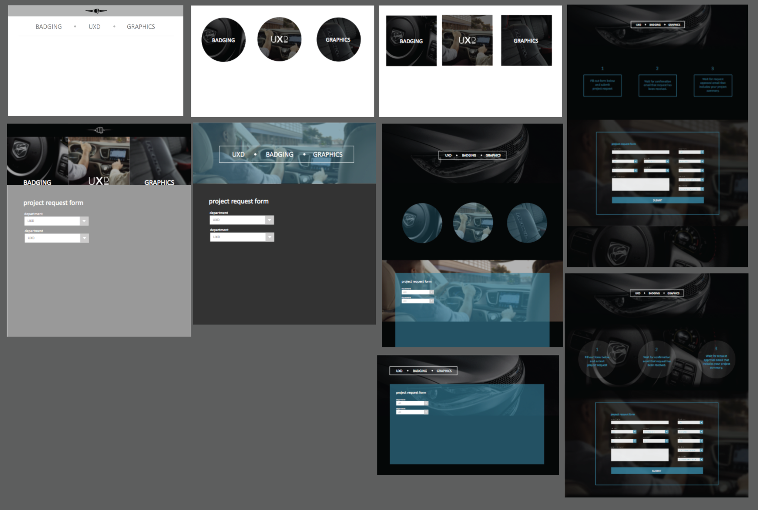For the first few I made on Illustrator, I took inspiration from the FCA work site's landing page. Towards the more final designs, I decided to look at their sleek vehicles in combination with websites with simple and easy-to-understand forms such as AirBnB. 