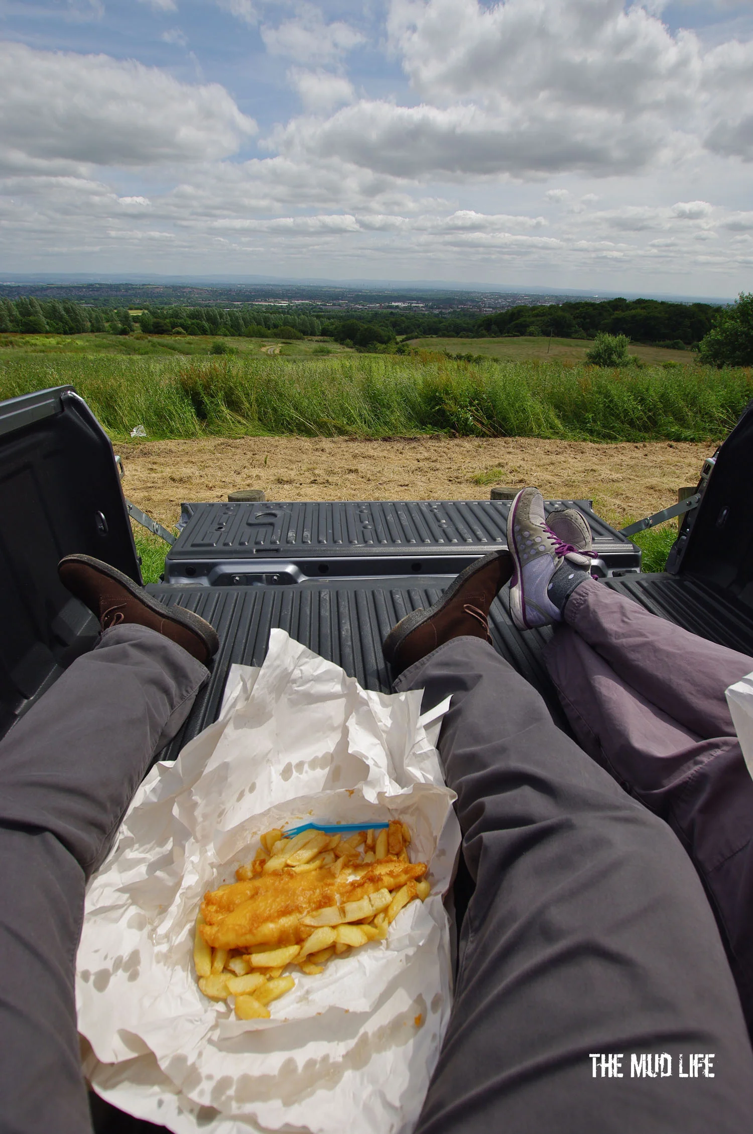 Muddy Madam and I enjoying a chippy tea whilst sat in the back!