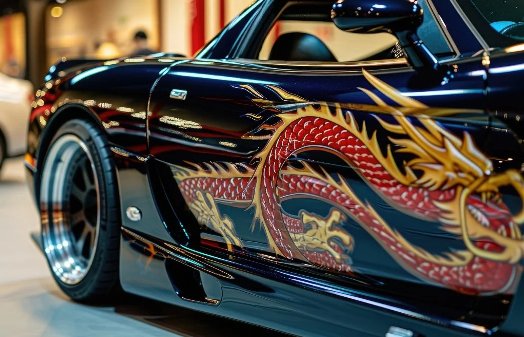 a sporty car with very large dragon decal on the side