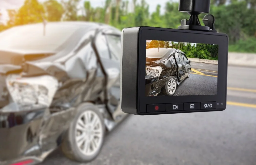 a dash cam showing an image of a car wreck