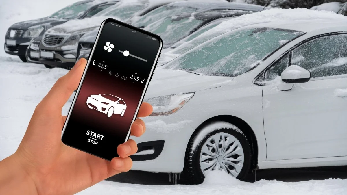 a hand holding a phone showing how to remotely warm up your car