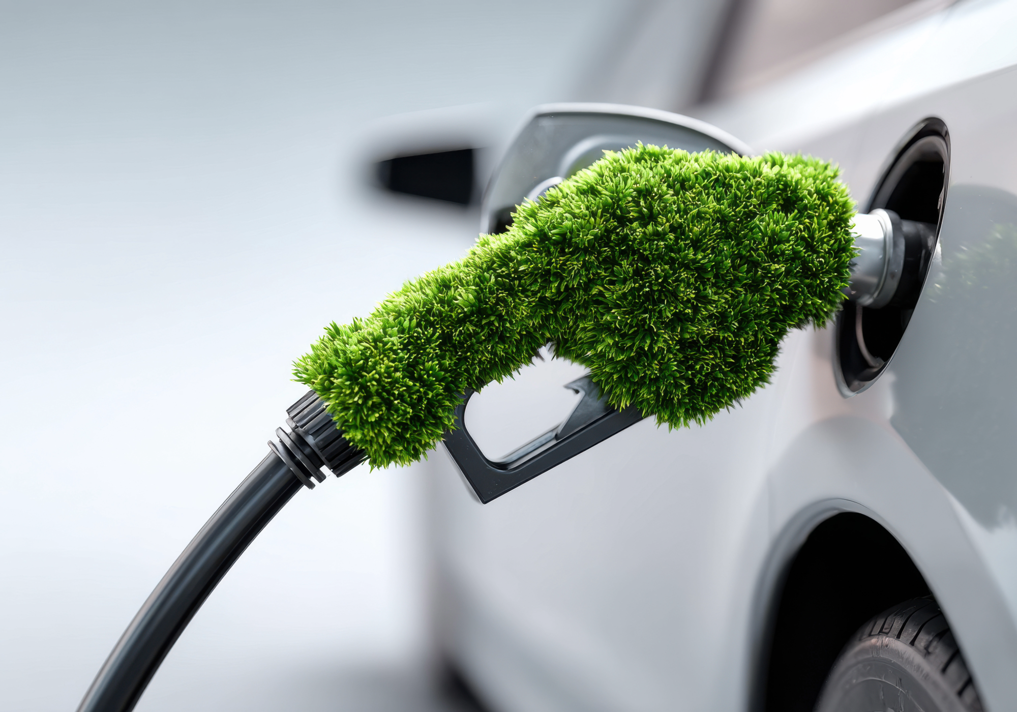 a fuel nozzle in a fuel tank but the nozzle is made of green moss to show it is eco-fuel