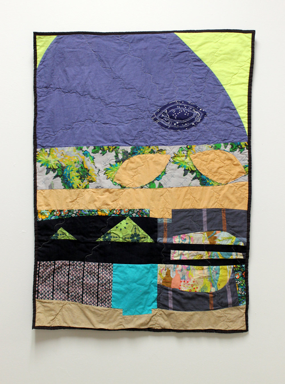 The Patient and Wise Object (Object-Oriented Fortune Telling) , 2017. Fabric scraps, recycled fabric, denim, hand-dyed fabric. Applique and free motion quilting techniques. 30 in. x 36 in. 