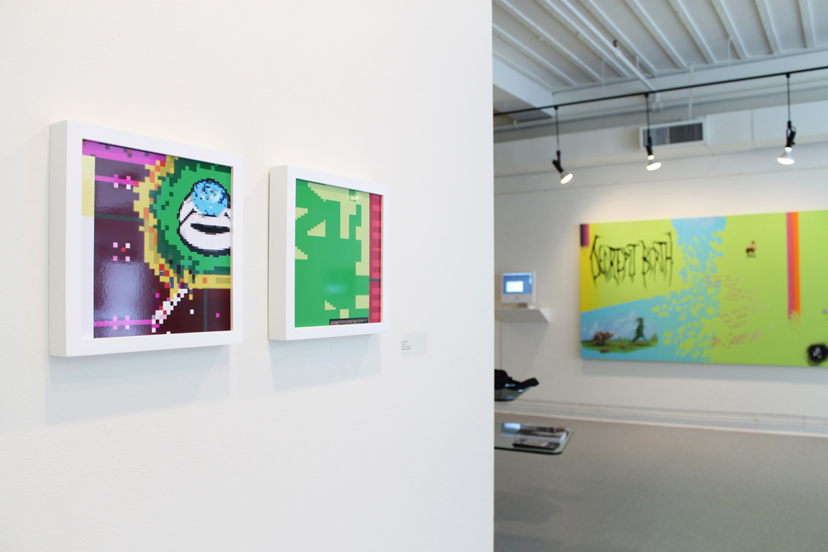 Killscreen for a Theoretical Videogame series , Digital print mounted to styrene, 10 in. x 10 in., 2013. Background, Artifact Transmission by Jason Lahr. Oil and acrylic on panel, 60 in. x 135 in. 2013.