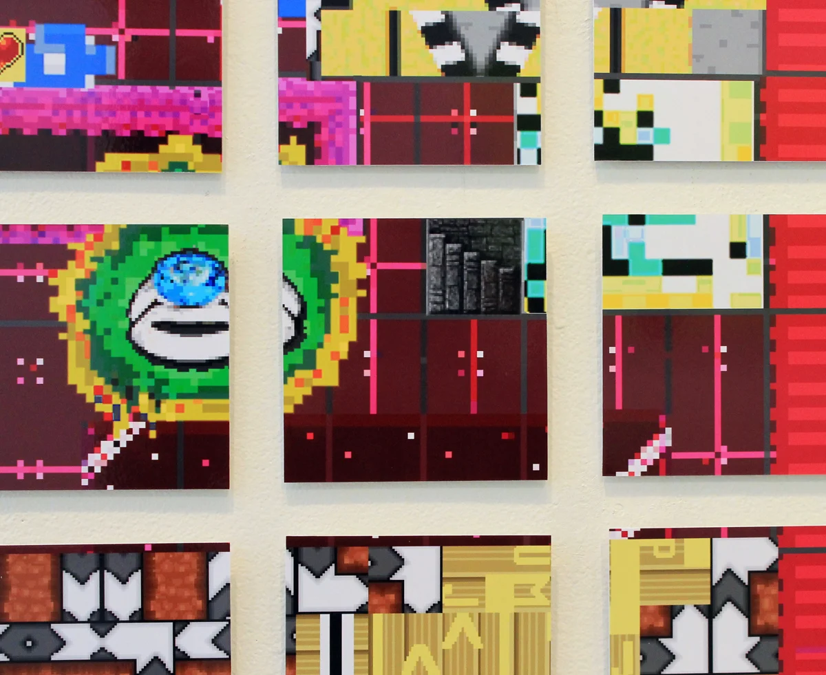 Detail, Killscreen for a Theoretical Videogame series. Digital prints mounted to styrene. Grid of 4 in x 4 in. tiles, 35 total tiles, 2013.
