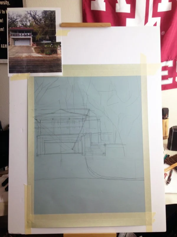 Initial stage of a house portrait. The house is in Ransom Canyon, Texas.