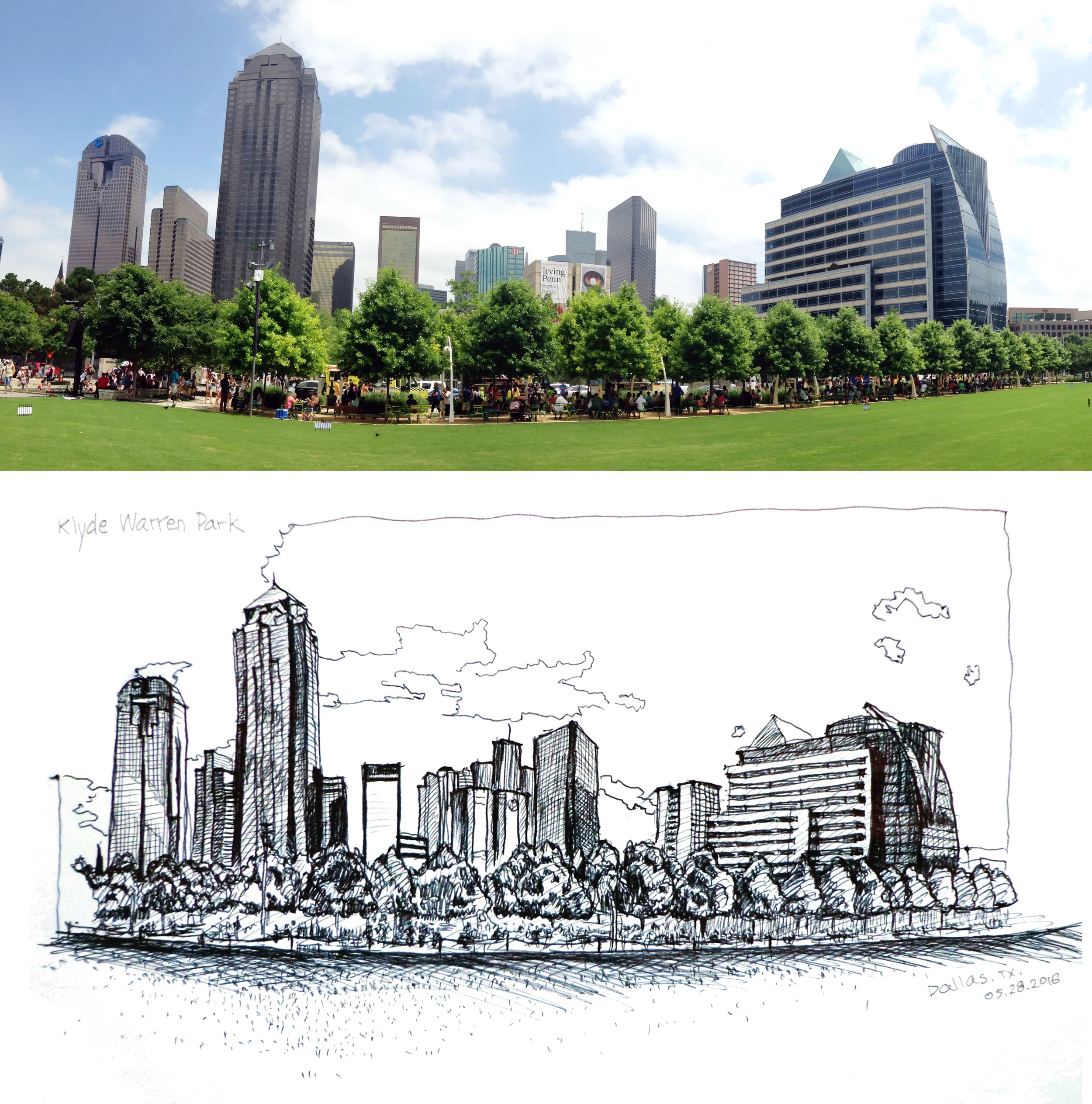 The view of Downtown Dallas from Klyde Warren Park.