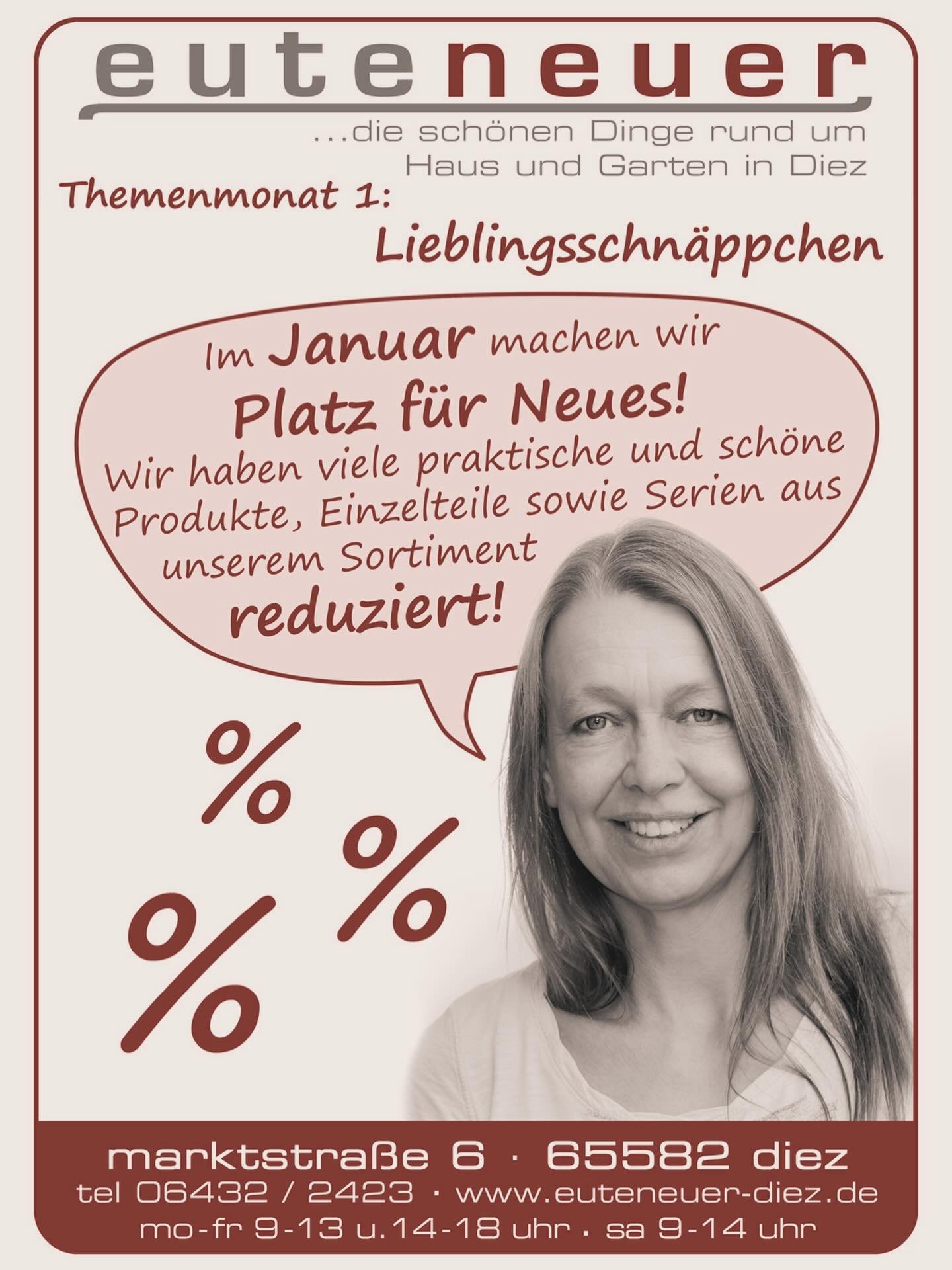 Themenmonat 1️⃣: LIEBLINGSSCHN&Auml;PPCHEN 

Im Januar machen wir Platz f&uuml;r Neues!
Wir haben viele praktische und sch&ouml;ne Produkte, Einzelteile sowie Serien aus unserem Sortiment reduziert! 

Komm vorbei und sichere dir dein Lieblingsschn&au