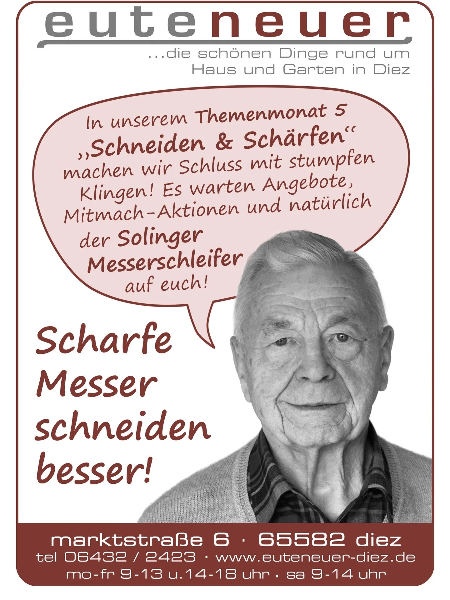 Themenmonat 5️⃣: SCHNEIDEN + SCH&Auml;RFEN

Scharfe Messer schneiden besser.. darum machen wir im Mai Schluss mit stumpfen Klingen! 🔪✂️

➡️👀 Schau dir unsere Aktionen und Angebote rund ums Schneiden + Sch&auml;rfen auf dem zweiten Bild an oder komm