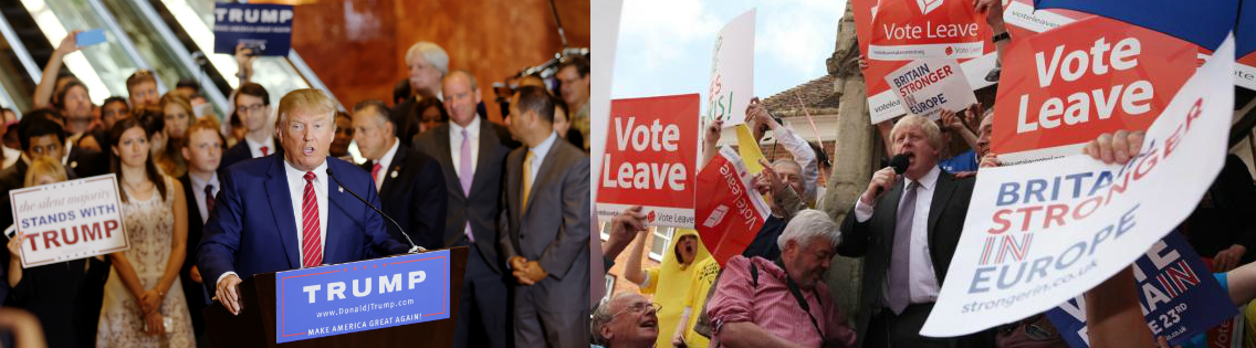Donald Trump with presidential supporters, and Boris Johnson with Brexit supporters.