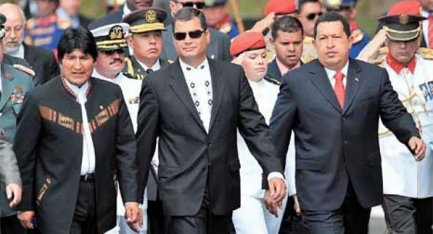President Evo Morales (Bolivia) and former presidents of Ecuador and Venezuela, Raphael Correa and Hugo Chavez