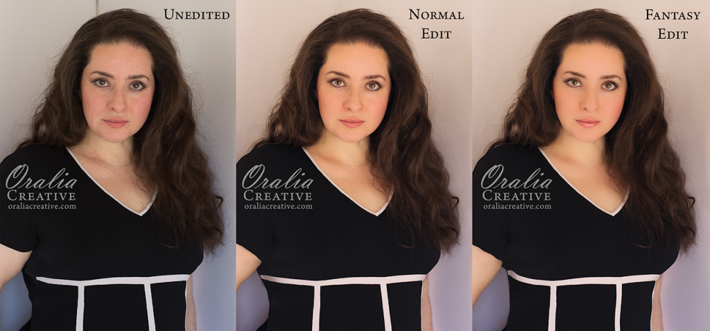 Oralia Creative - Unedited, Normal Edit and Fantasy Edit examples.