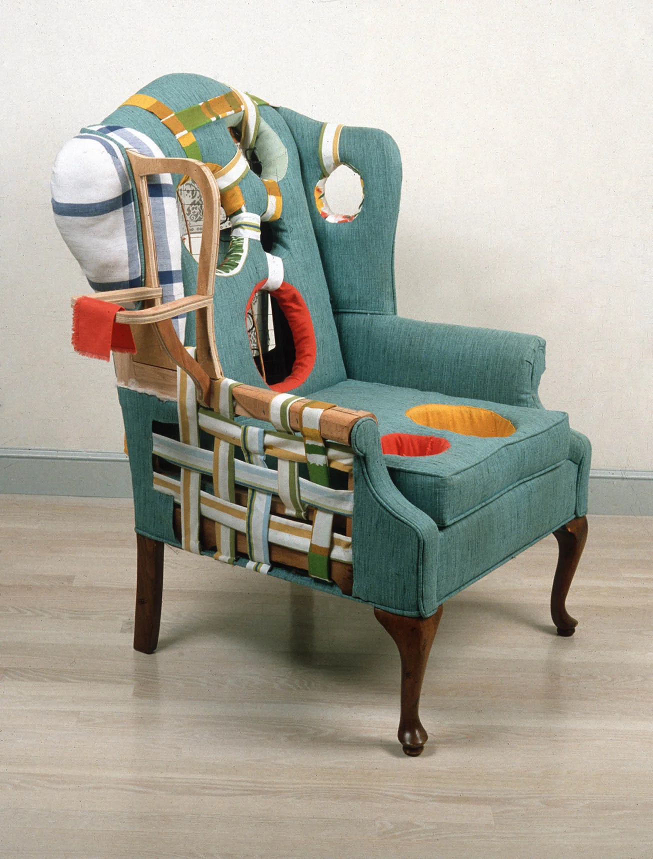 Serviette, 2002, upholstered chair, bed sheets, hand towels, lace curtain, 56x36x35"
