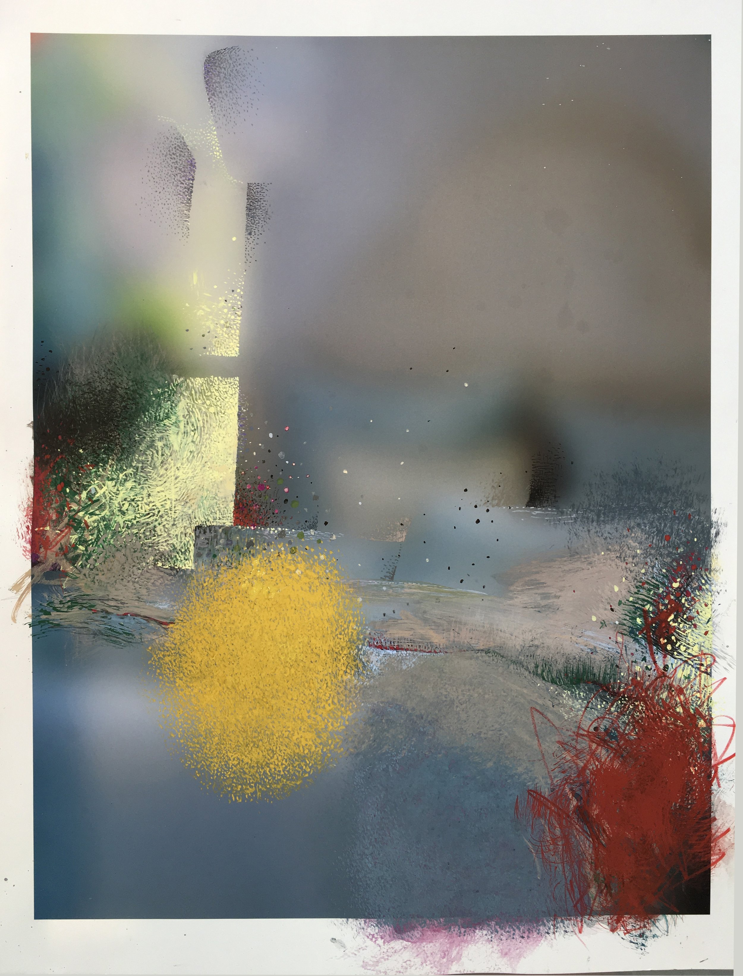 Untitled, 2025, gouache on archival photograph on rag paper, 17x22".