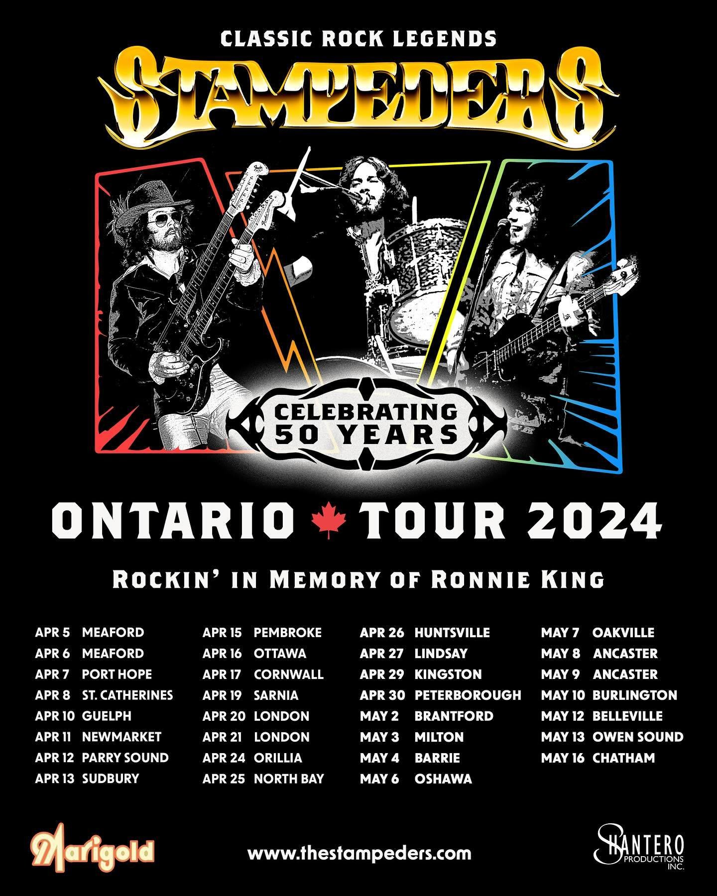 On we rock in honor of our brother Ronnie King! Join us at one (or two) of our 31 shows across Ontario this April through May. 🎸🥁🎶

Tickets on sale now at www.thestampeders.com/tour

APR 5 &bull; Meaford 
APR 6 &bull; Meaford 
APR 7 &bull; Port Ho