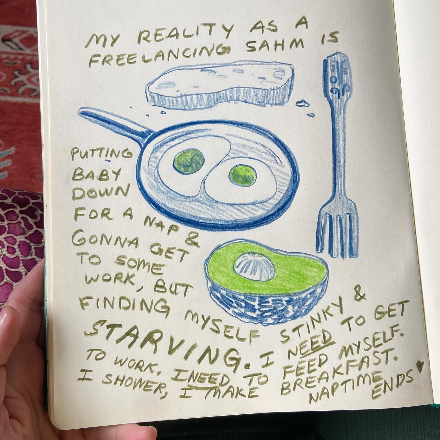 Trying to share, journal, draw while constantly feeling the pull between taking care of myself and others 💚