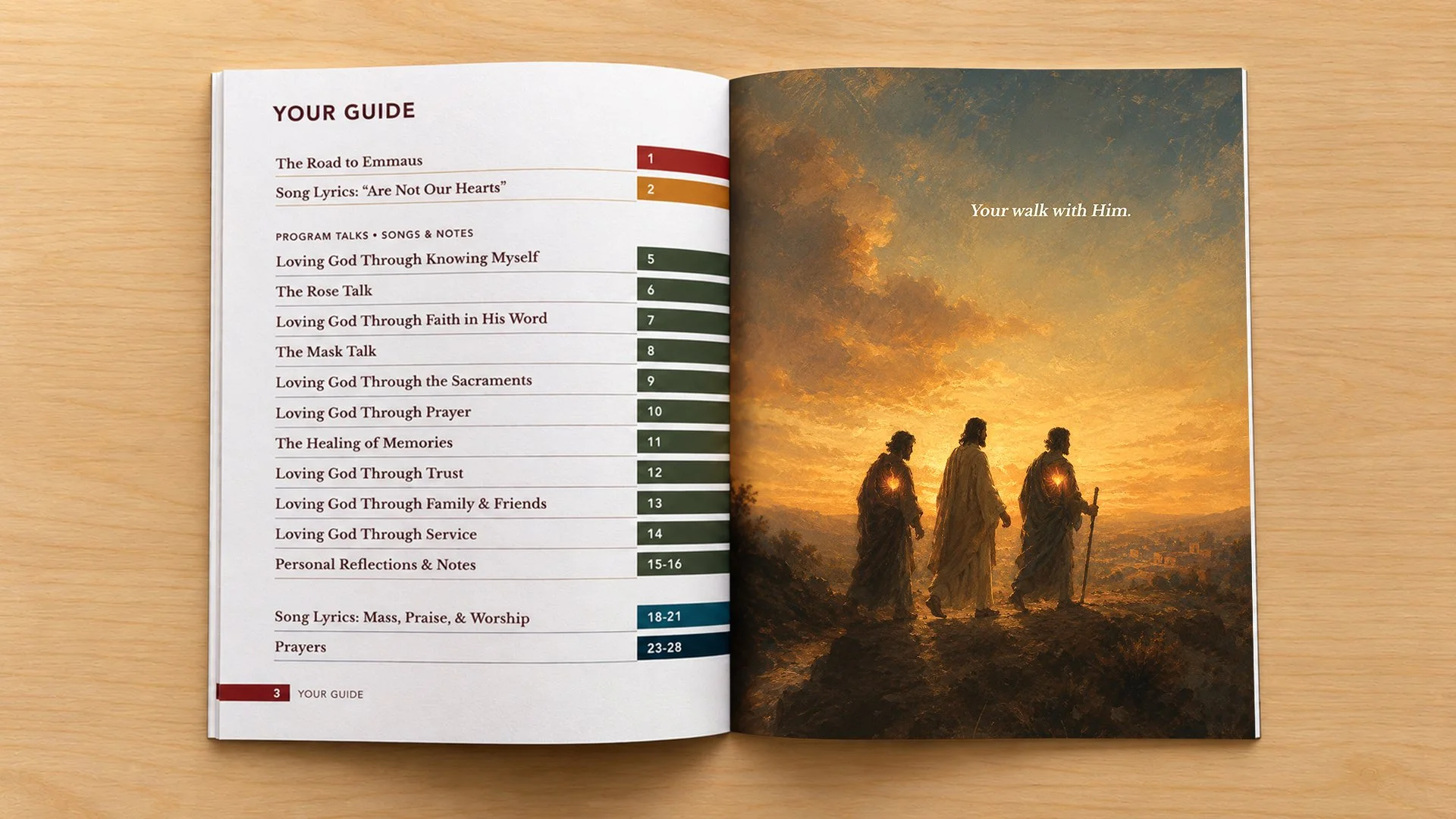 Emmaus Retreat songbook contents and introductory spread designed by Francisco Anduiza, Jr., combining the retreat guide with a painterly image of travelers on the road.