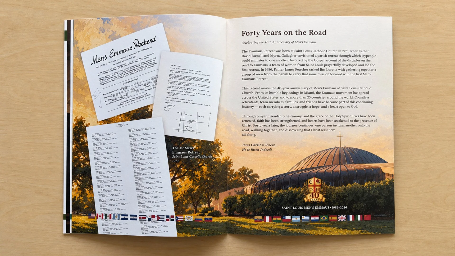 Forty Years on the Road anniversary spread designed by Francisco Anduiza, Jr., documenting the history of Men’s Emmaus at Saint Louis Catholic Church through archival photographs, artwork, and the 40th anniversary story.