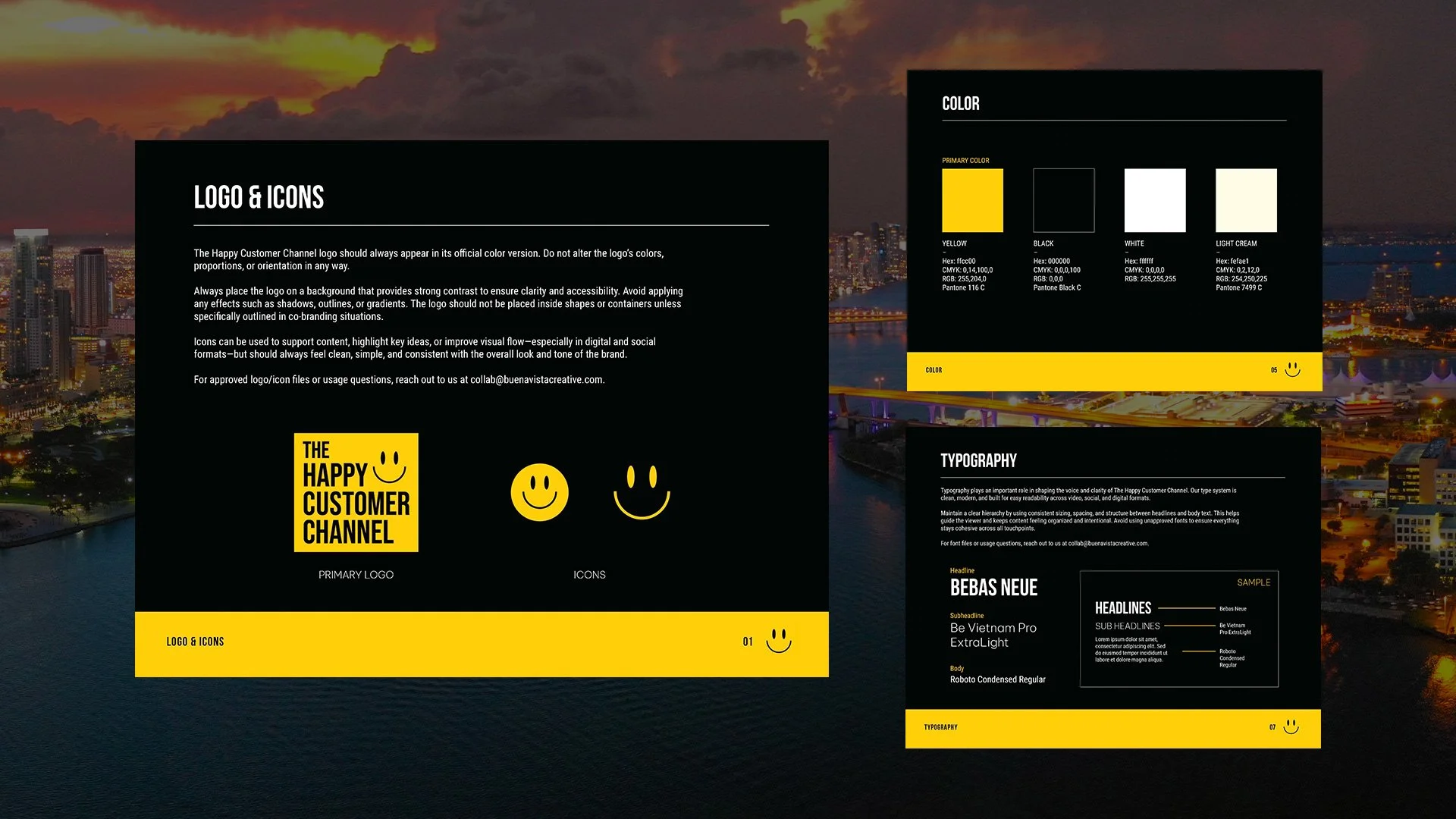 Happy Customer Channel brand guidelines designed by Francisco Anduiza Jr., showcasing the logo, color palette, typography, and visual identity system.