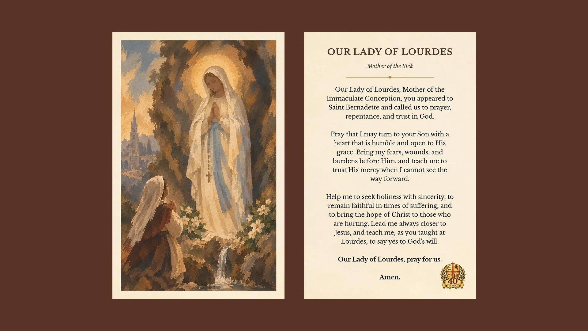 Our Lady of Lourdes devotional prayer card designed by Francisco Anduiza, Jr., featuring a restrained painterly portrait and devotional typography.