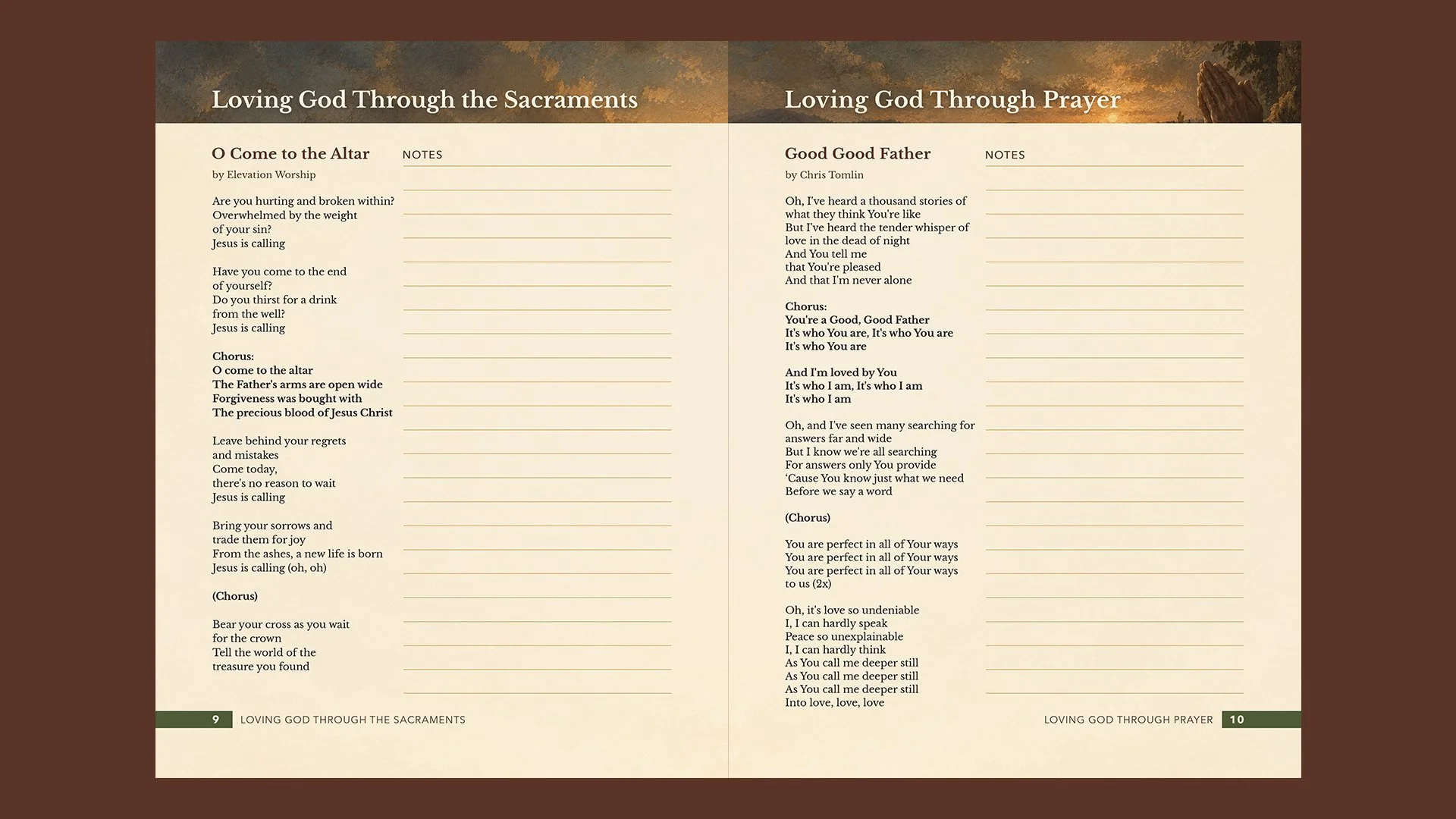 Emmaus Retreat songbook interior spread designed by Francisco Anduiza, Jr., combining retreat talk artwork, song lyrics, and structured notes for participants.