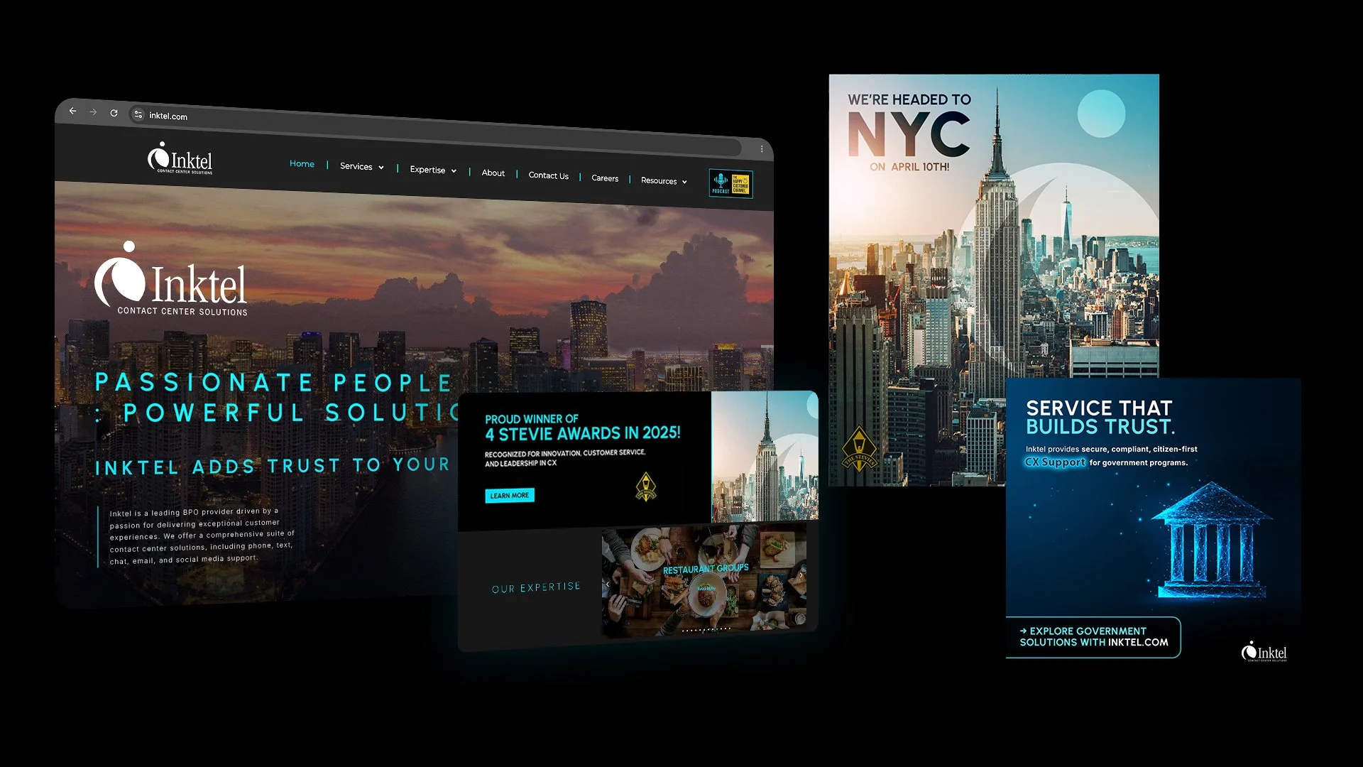 Composite presentation of Inktel's enterprise brand system featuring the corporate website, award-winning digital campaign, event marketing, and government advertising, demonstrating consistent branding across digital marketing touchpoints.