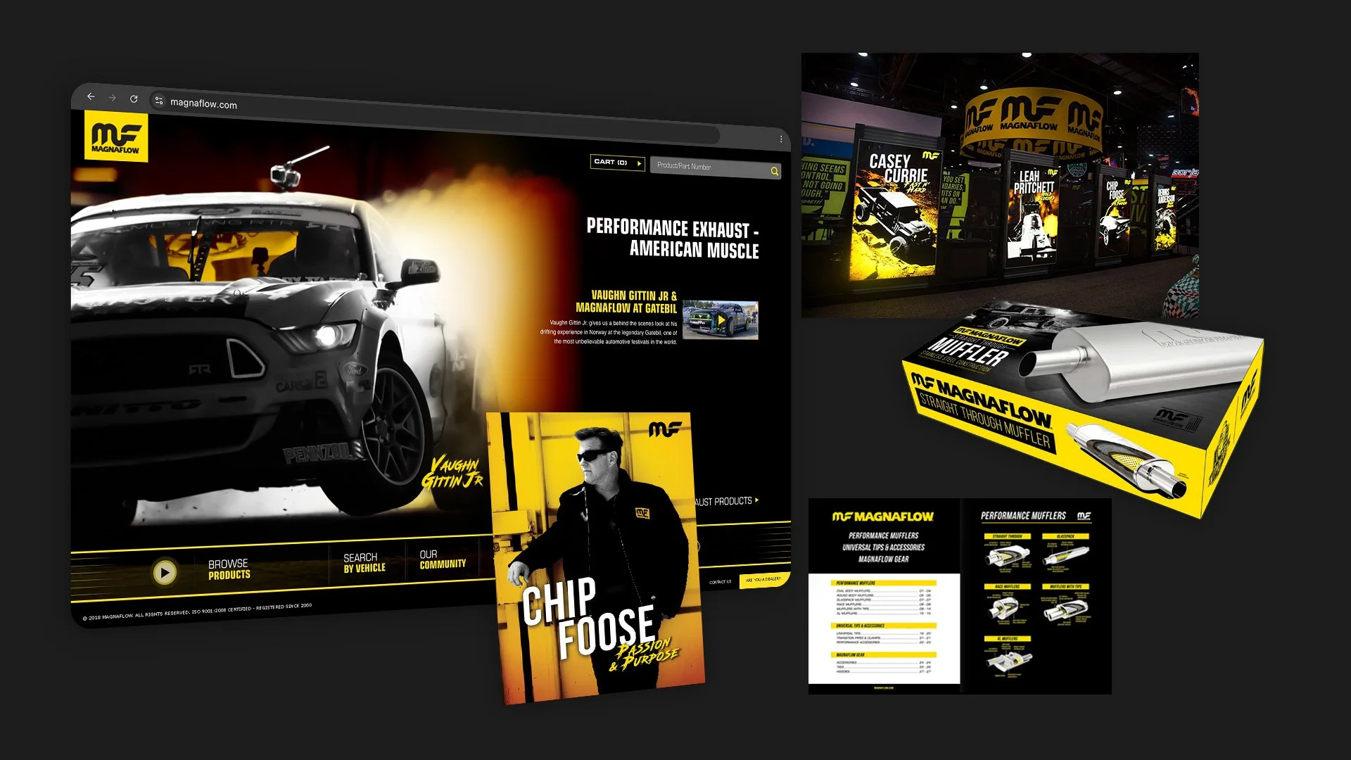 Hero image showcasing the MagnaFlow brand system, featuring website design, trade show graphics, packaging, catalogs, and marketing collateral demonstrating a cohesive performance automotive brand across digital and physical touchpoints.