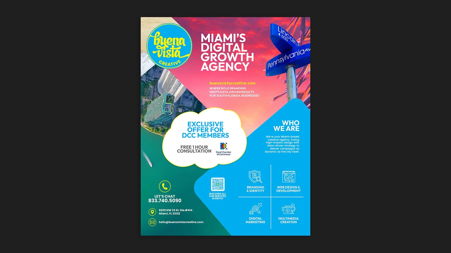 Promotional flyer design for Buena Vista Creative featuring digital marketing services, branding, and campaign messaging designed by Francisco Anduiza Jr.