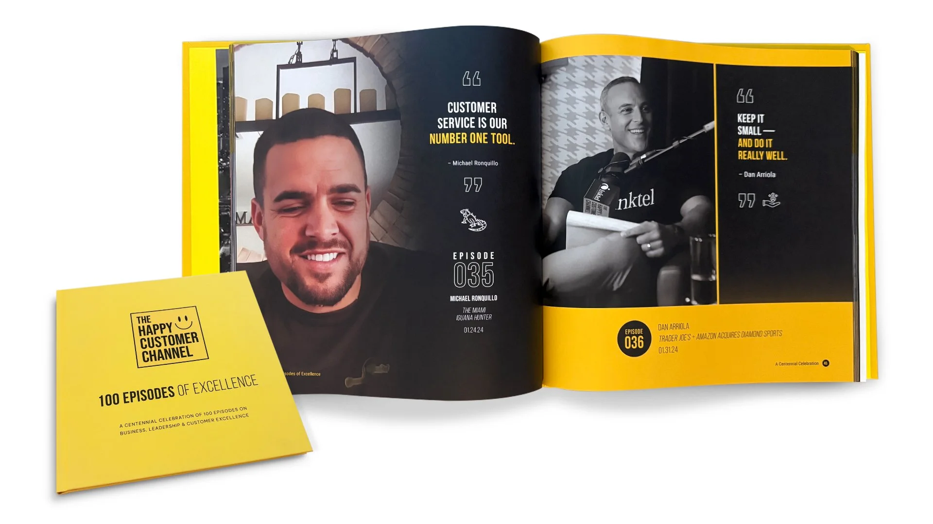 Editorial book designed by Francisco Anduiza Jr. for the Happy Customer Channel, featuring the publication cover and interior editorial layout celebrating 100 podcast episodes.