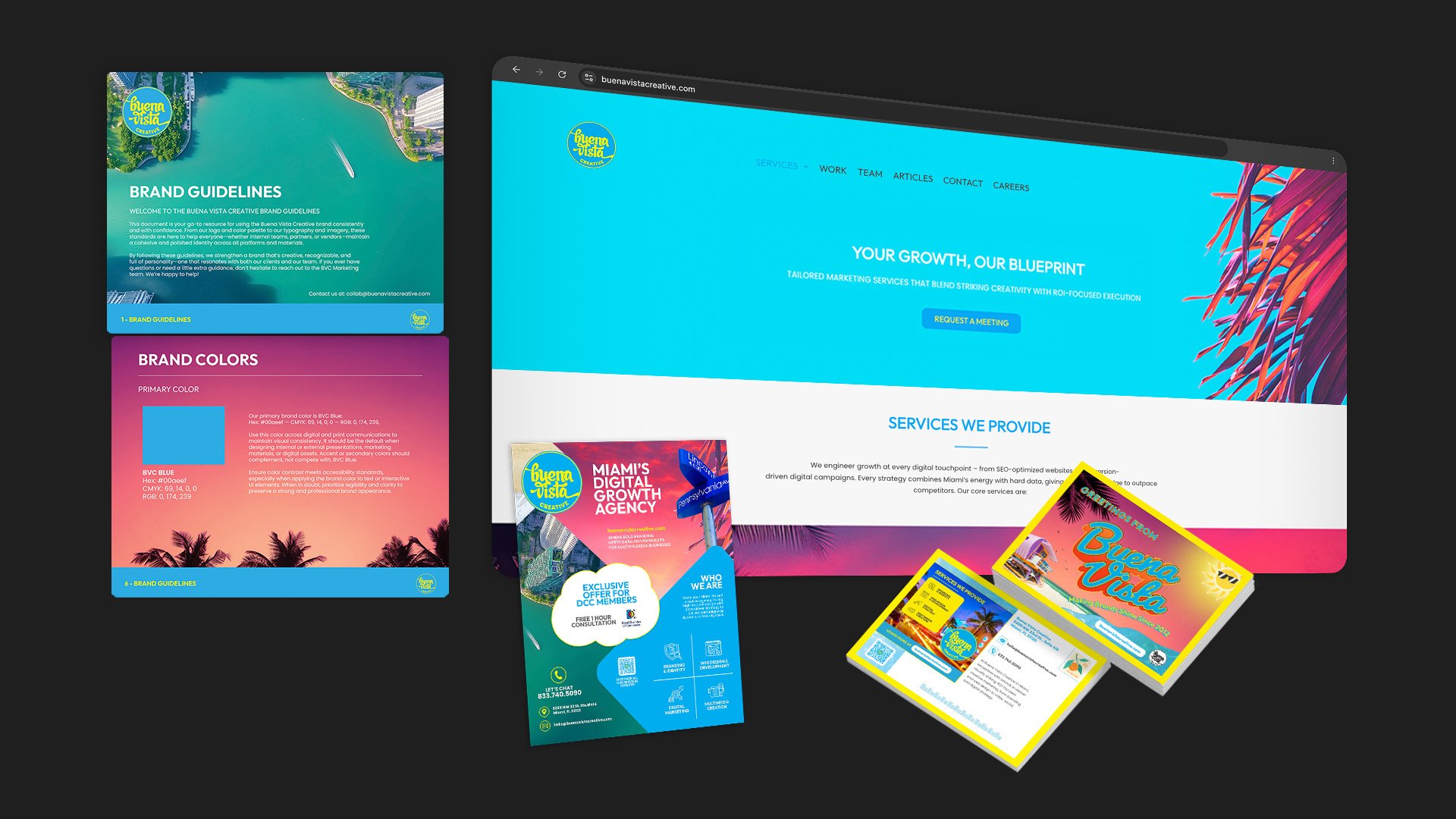 Hero image showcasing the Buena Vista Creative brand system, featuring brand guidelines, website design, marketing collateral, and print materials demonstrating a cohesive agency identity across digital and physical touchpoints.