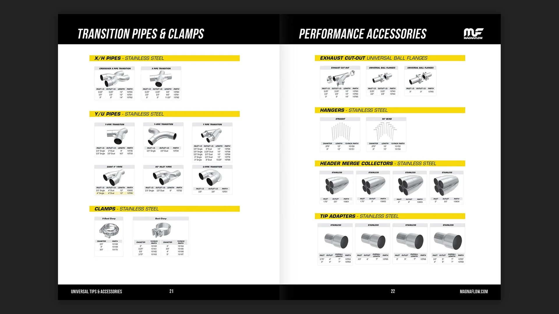 MagnaFlow catalog spreads organizing technical exhaust accessories and performance components through a scalable grid system.