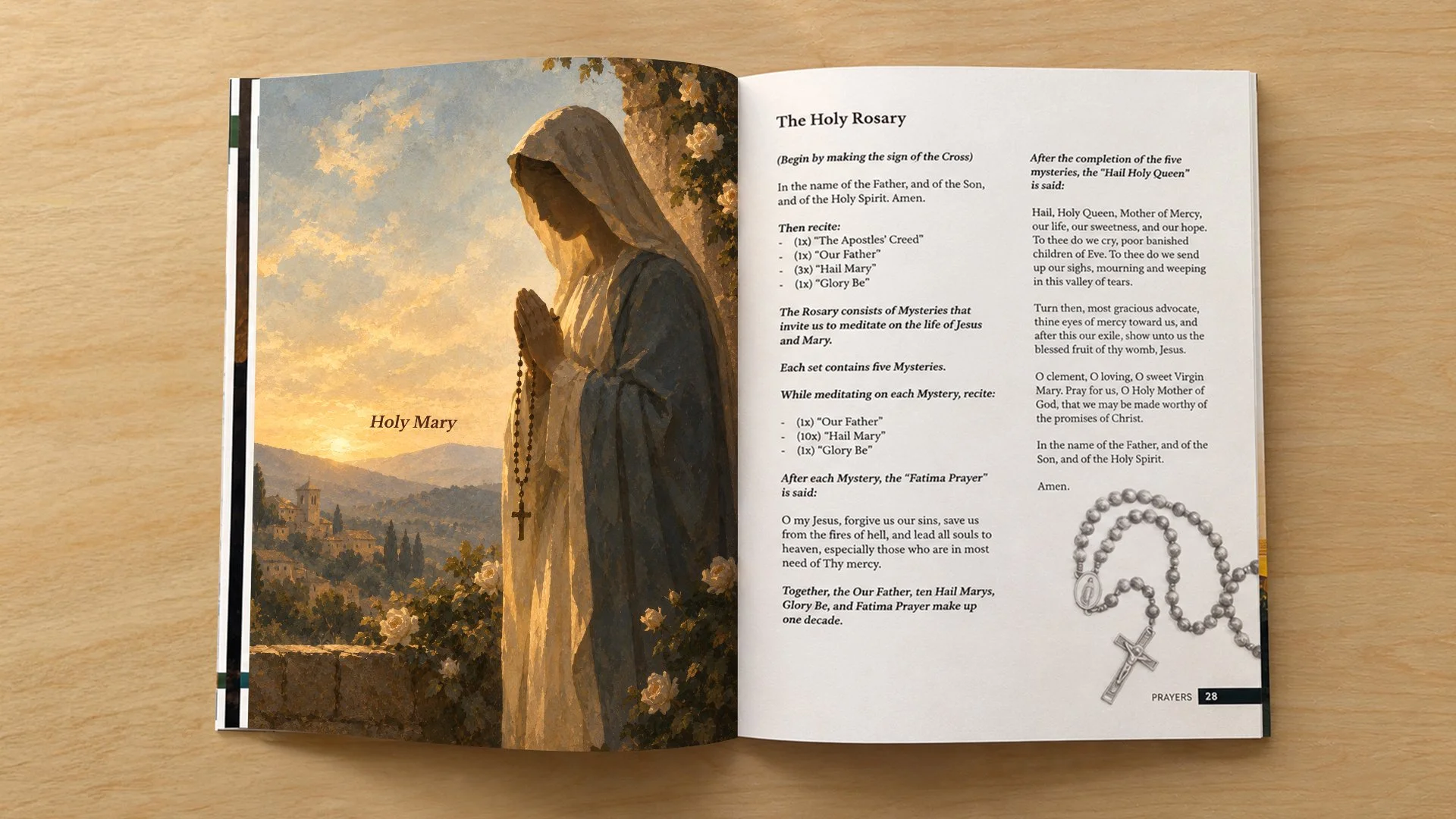 Holy Mary and Holy Rosary spread from the Emmaus Retreat songbook designed by Francisco Anduiza, Jr., combining devotional artwork with instructions for praying the Rosary.