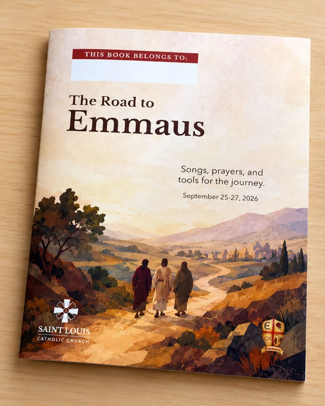 Emmaus Retreat songbook and prayer cards designed by Francisco Anduiza, Jr., featuring a painterly cover inspired by the Road to Emmaus.
