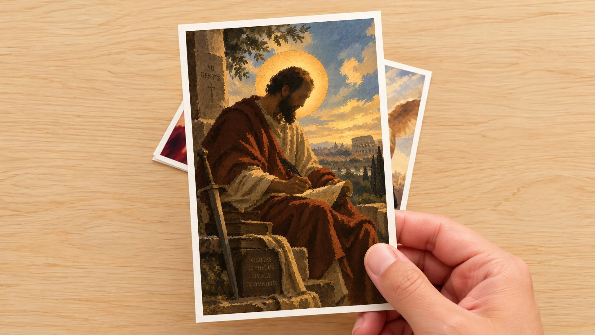 Saint Paul devotional prayer card designed by Francisco Anduiza, Jr., shown as a finished physical card held in hand.